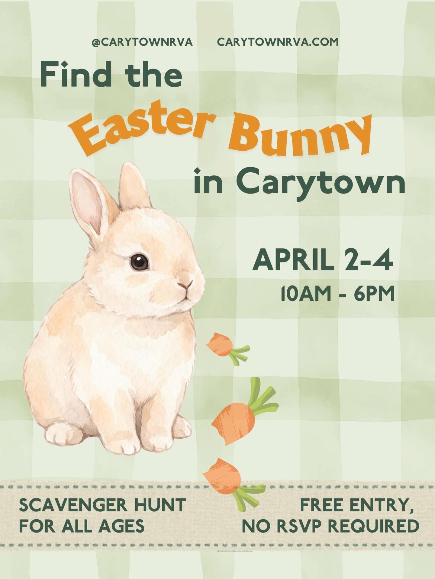 THE FUN STARTS TOMORROW🐰
Hop into the Easter spirit with the Carytown Easter Scavenger Hunt! Explore participating stores to find the hidden Easter Bunny. Once you spot it, head to the counter to get your map signed.
How it works:
-Visit 10 stores for 1 entry.
-Visit 15 stores for 3 entries.
-Visit ALL 20 stores for 8 entries!!
Complete the required stops for raffle entry, fill out your contact information, and drop off your map at one of the designated locations listed on your map.
Participating businesses are:
@alternativesboutique
@beastiesrva
@plan9music
@minglewoodbakeshop
@evrichmond
@fullcircle.rva
@homesweethomerva
@burgerbach
@dogmarva
@worldofmirth
@ladlesandlinenskitchenshoppe
@black_rabbit_tattoo
@fuelpumprva
@warbyparker
@point5rva
@bygonesvintage
@ashbyrva
@cloverkids_rva
@forloveofchoc
@spiceandtea.richmond
Grand prize winner will receive gift card bundle totaling to at least $400 to these participating businesses.
See less