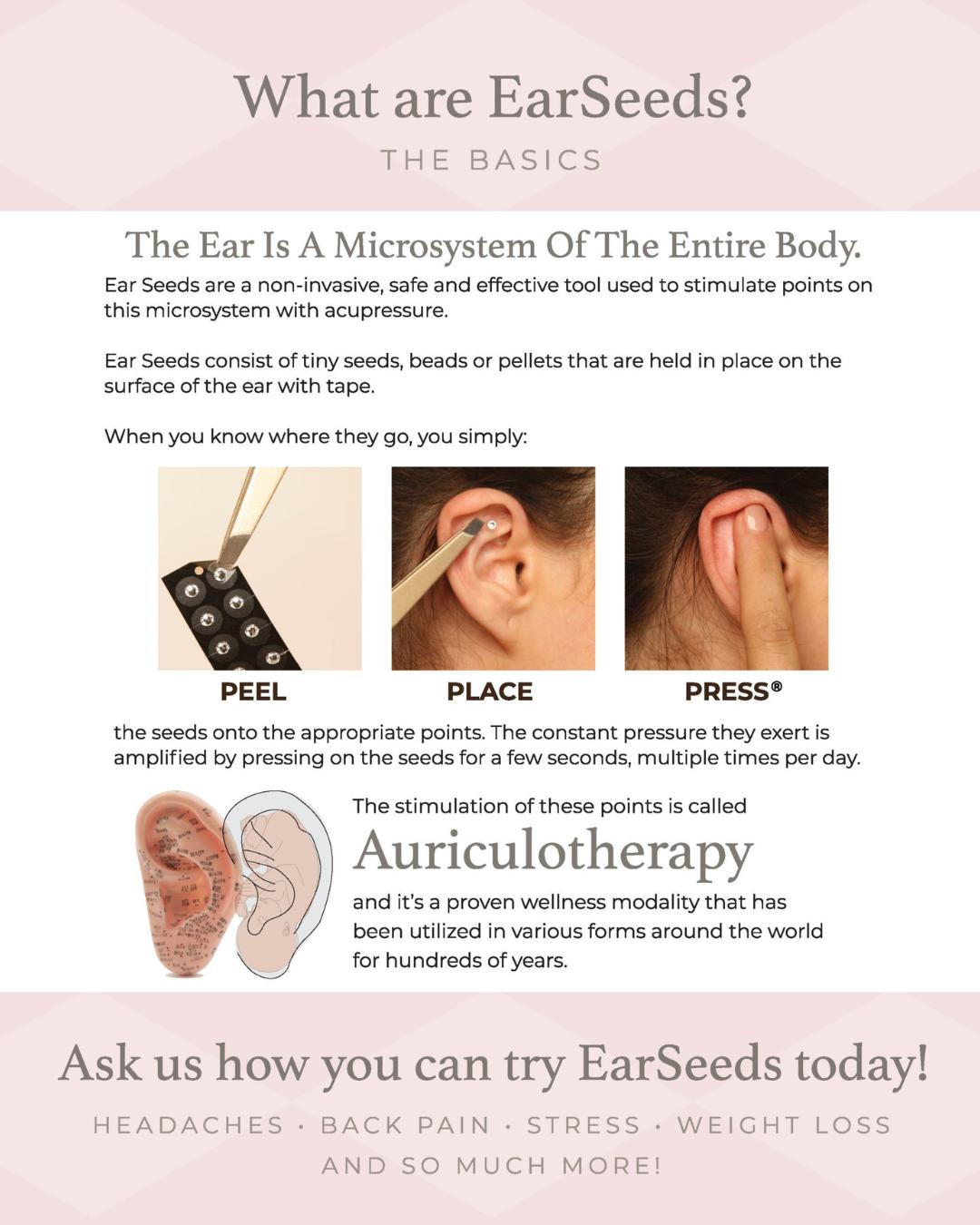 One of the services we offer at the office is Auriculotherapy!
Auriculotherapy is a technique similar to acupuncture, which involves applying pressure to specific points on the ear. Typically done with Ear Seeds.
Ear Seeds are used to assist with conditions such as stress &anxiety, lower back/sciatica, headaches/migraines, weight loss, sleep/insomnia, as well as your overall wellbeing!
We also have Ear Seeds kits for purchase if you're interested in at home treatment.
You can learn more about this product at earseeds.com
#acupuncture #auriculotherapy #traditionalchinesemedicine #tcm #chinesemedicine #stressfree #anxietyfree #painfree #destress #wellness #wellbeing #health #healthyliving #healingjourney #hollistichealing #california #contracostacounty #pleasanthill #earseeds #acupressure #ginamarksacupuncture #smallbusiness #womanowned #womanownedbusiness