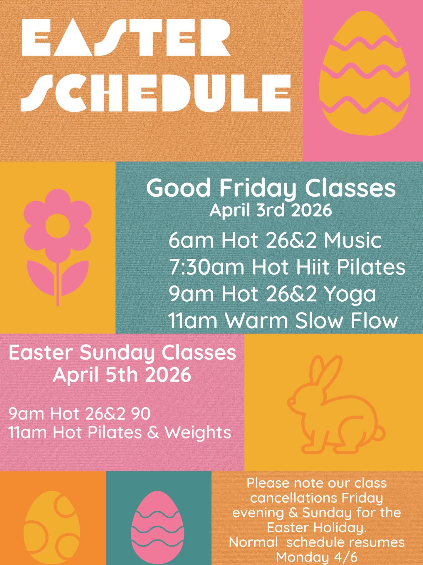 Easter Holiday Schedule ๐บ โฌ๏ธ
-
Class cancellation below:
Friday evening: 5pm & 6:30pm class are canceled
Sunday: 7:30am, 4:30pm & 6pm classes are canceled
-
All other classes and days are on!
Normal schedule resumes Monday 4/6/26!
-
Book your spot today.
#yoga #pilates #sweat