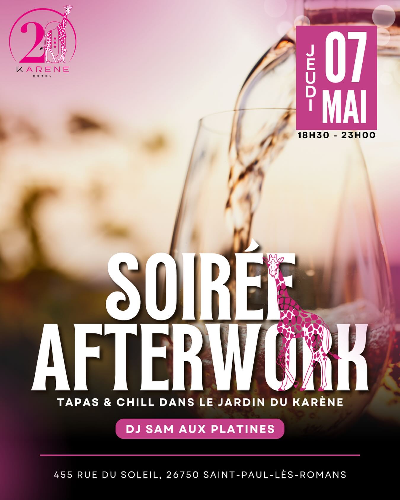 ✨ SOIRÉE AFTERWORK AU KARÈNE ✨
On se retrouve pour une soirée chill et conviviale dans le jardin du Karène 🌿🍷
📅 Jeudi 7 mai 2026
🕡 18h30 – 23h00
Au programme :
🍴 Tapas à partager
🍷 Verre entre amis ou collègues
🎧 DJ Sam @khelifasammy aux platines pour une ambiance détendue et festive
🎟️ Entrée gratuite-Billeterie ouverte
⚠️ Réservation obligatoire – places limitées
⬇️⬇️⬇️⬇️⬇️⬇️⬇️⬇️⬇️⬇️⬇️⬇️⬇️⬇️⬇️⬇️
LIEN en BIO
📍 455 rue du Soleil, Saint-Paul-lès-Romans