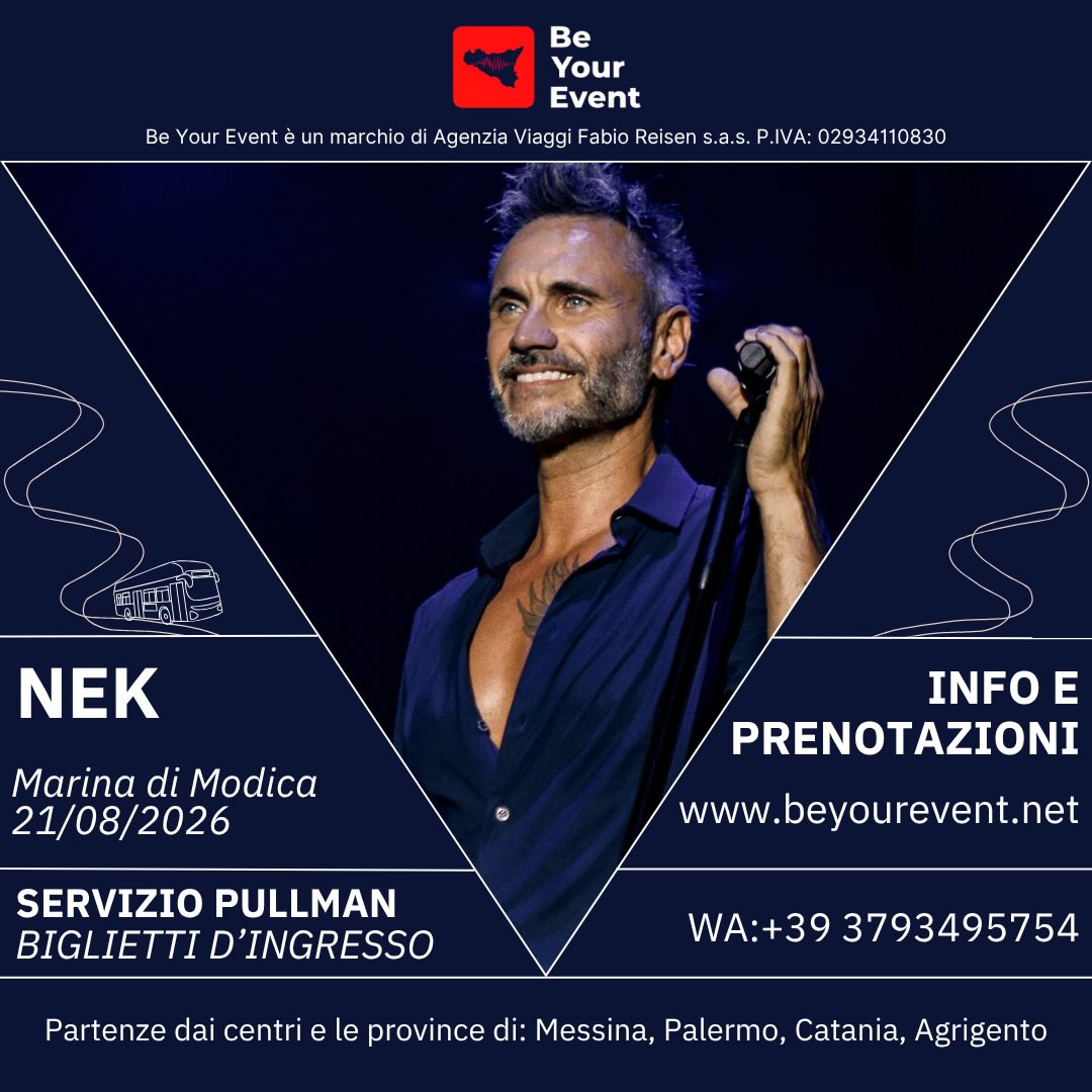 Riserva subito i tuoi posti sul pullman e i biglietti d’ingresso! 🚌❤️
Info e prenotazioni:
www.beyourevent.net
+39 3793495754
#nek #concerti #sicilia #bus #musica