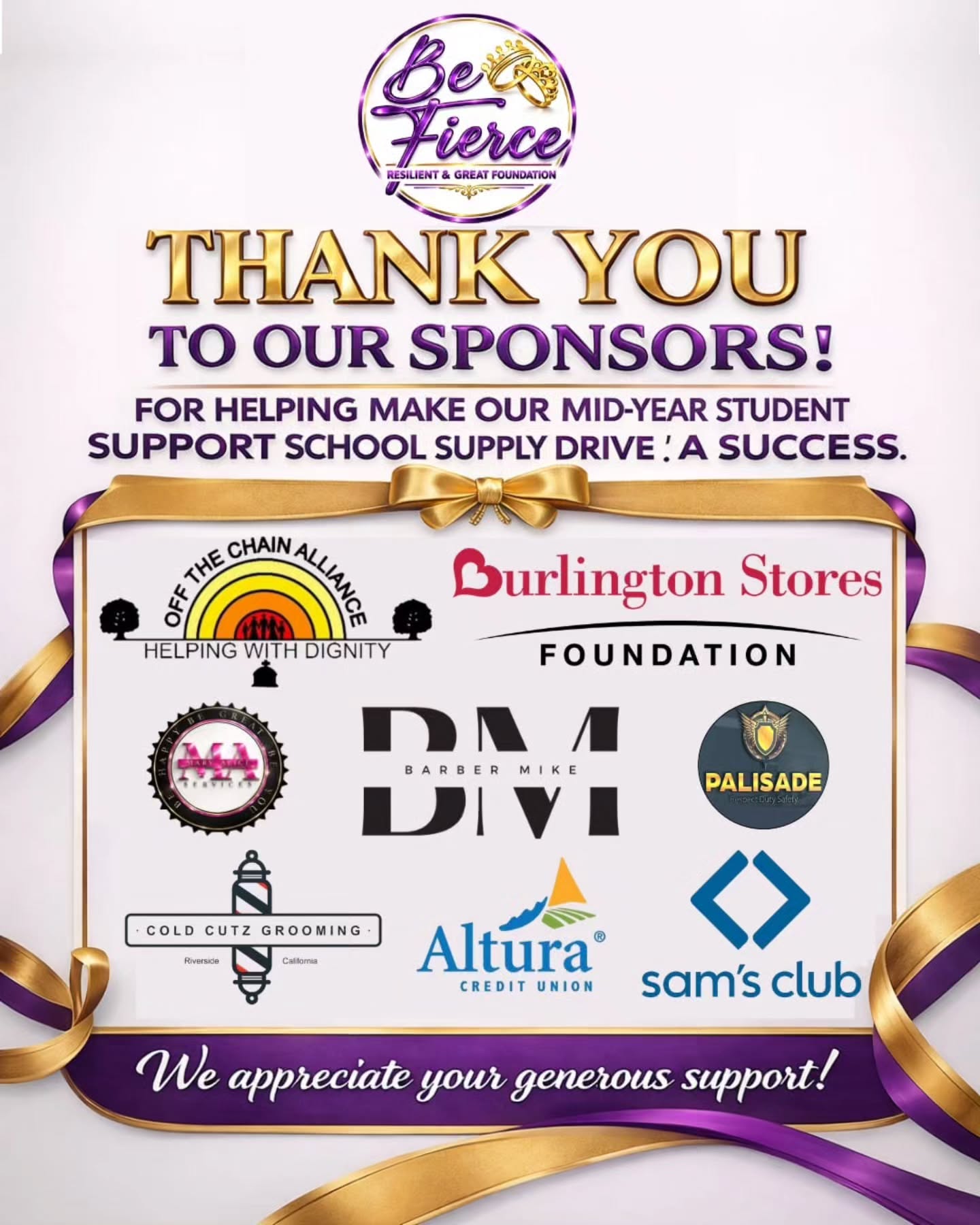 💜 Our hearts are full. 💜
The Mid-Year Student Support School Supply Drive was a beautiful reminder of what happens when businesses, community partners, and families come together with one purpose: supporting our students.
We want to sincerely recognize @samsclub, @alturacu, @offthechainalliance, @maservices2015, @burlingtonstores @palisadedefensegroup @coldlabelstudio and Barber Mike for standing with us and helping create something meaningful for our youth. Because of your generosity, students walked away with the tools, support, and confidence they need to keep pushing forward this school year.
To every family that showed up, trusted us, and continues to grow with our village, thank you. Your presence is what keeps these community moments alive and reminds us why this work matters so deeply.
This is bigger than school supplies. It is about showing our youth they are seen, supported, and never alone.
💜 If you were not able to attend this event, we would still love to see you at our upcoming events in the near future as we continue strengthening families and empowering communities together.
#BFRGFoundation #Riverside #StudentSupport #CommunityPartners EmpoweringYouth