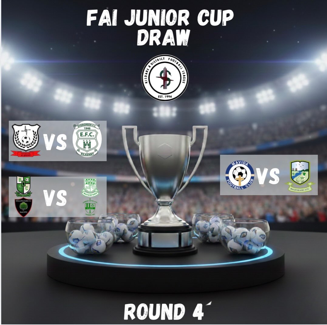 Draw for round 4 of the FAI Junior Cup
Ties to be played over weekend of May 10th 2026
Kildare Town AFC v Everygreen FC
Bush Celtic Afc or Willow Park FC v Villa FC or Carrick United FC
Mavida FC v Ballyheane FC
Best of luck