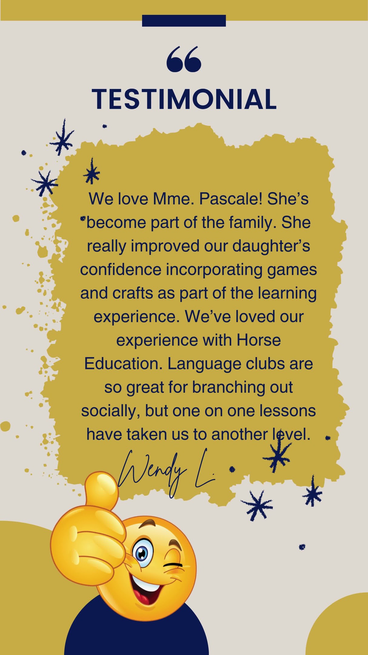 This kind of feedback truly touches our hearts!
ㅤ
A huge thank you to Wendy L. for sharing such a beautiful experience.
We love hearing how Mme. Pascale has become part of the family and helped build your daughter’s confidence through games, creativity, and joyful learning.
ㅤ
Combining language clubs for social growth with one-on-one lessons for deeper progress is a powerful way to support children and we’re so happy to hear how that approach has taken your daughter’s learning to the next level. Moments like this are exactly why we do what we do at Horse Education Group.
ㅤ
If you’re looking for a language program that builds confidence, connection, and a true love of learning, we’d love to connect.
ㅤ
Which has made the biggest difference for your child group learning, one-on-one support, or a mix of both?
Share with us in the comments!
ㅤ
Learn foreign languages at your own pace!
Let's have FUN Learning!
ㅤ
(704) 780-1188
https://vist.ly/4x529
ㅤ
#HorseEducationGroup #LanguageLearning #FrenchForKids #ConfidenceThroughLearning #LanguageClubs #OneOnOneTutoring #HappyFamilies
