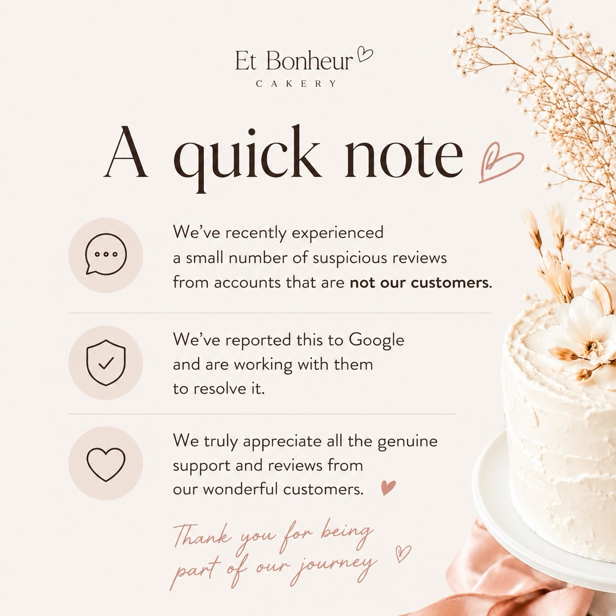 A small note to our community 🤍
We’ve encountered a number of false reviews linked to an extortion attempt against our business. We are handling the matter with the relevant parties.
Thank you for continuing to support Et Bonheur with kindness, trust, and genuine feedback, it truly means everything to us.