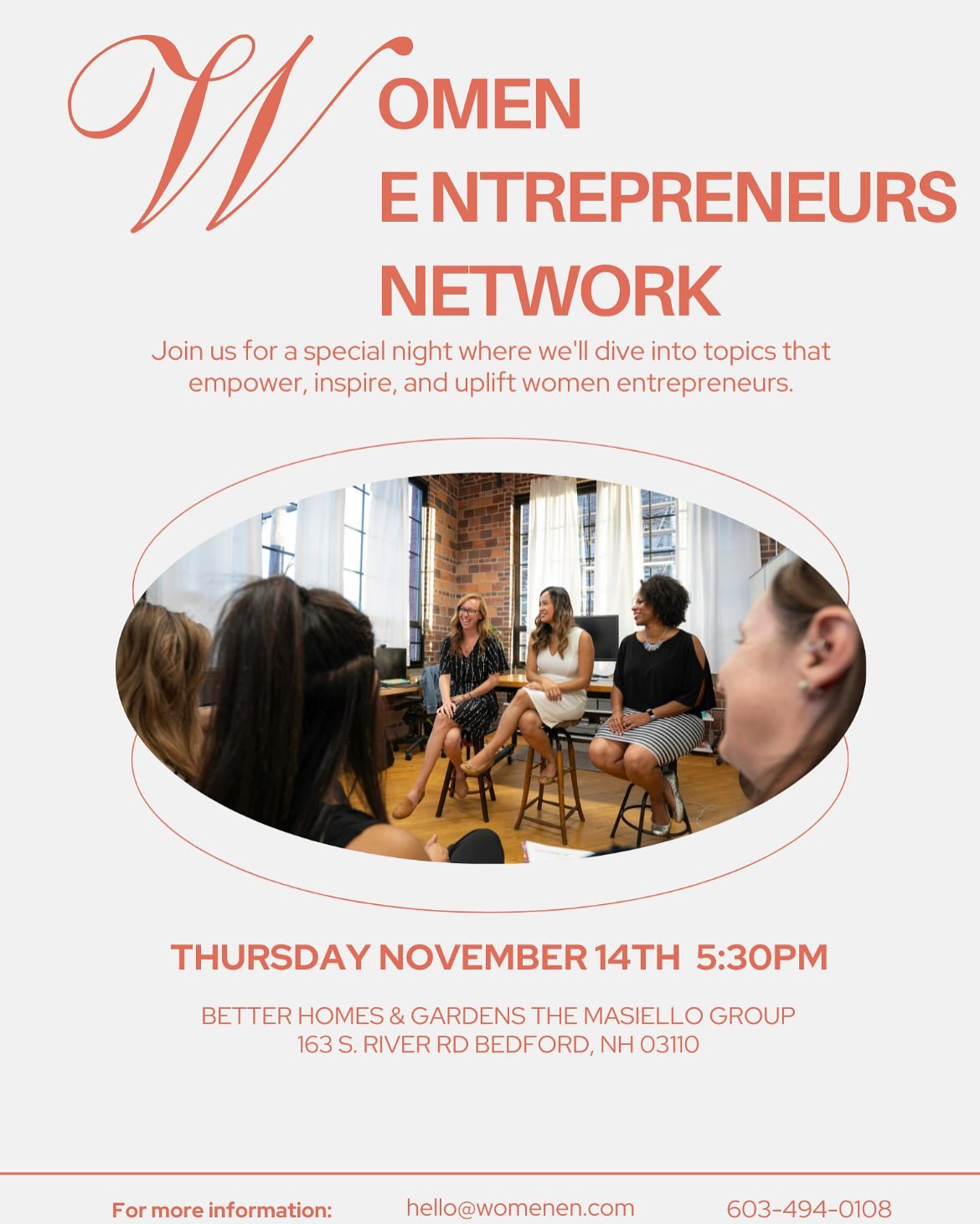 We hope to see you at our FREE November 14th Women Entrepreneurs Network event! This is your chance to see what the network is all about! 🌟
This is a fantastic opportunity to connect, share insights, and grow together in a supportive community.
📅 Date: November 14th
🕒 Time: 5:30pm
📍 Location: 163 S. River Rd. Bedford, NH 03110
🎉RSVP: https://www.eventbrite.com/e/women-entrepreneurs-network-tickets-1058728879579
*This event is anticipated to sell out so please RSVP ASAP*
Join us for an evening of Hors d’oeuvres, beverages, networking, inspiration, and empowerment. Whether you’re a seasoned entrepreneur or just starting out, this event is the perfect place to exchange ideas and build valuable connections.
Our speaker this month in our Leadership Speaker Series is Liz Calabria, President/CEO GMSV Chamber of Commerce. We can’t wait to hear her journey as an entrepreneur and businesswoman.
Please participate in our food drive for the New Hampshire Food Bank at this event and bring a canned food good.
Let’s continue to support and uplift each other on our entrepreneurial journeys. Hope to see you there!