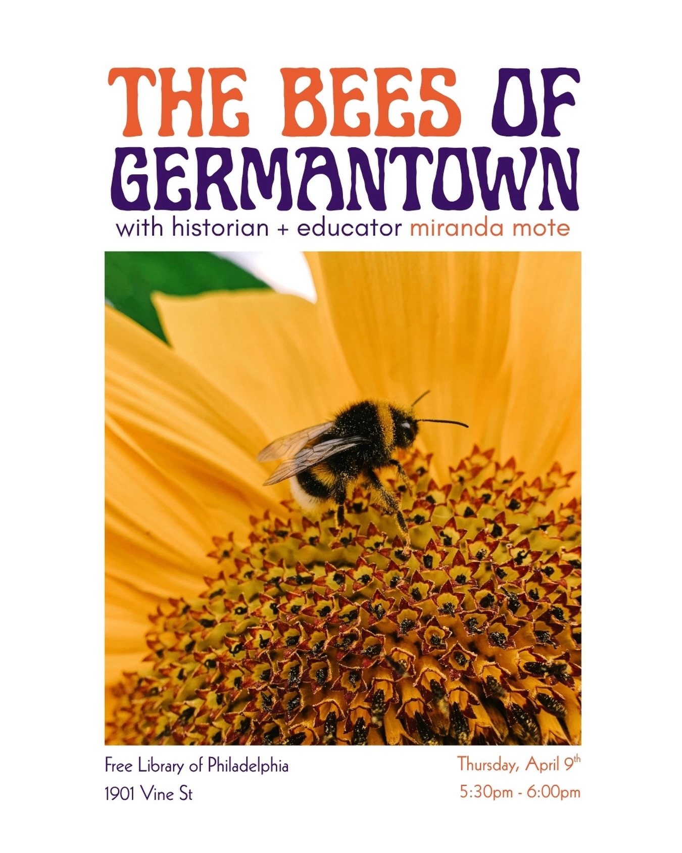 Join historian Miranda Mote for a lecture exploring the early history of beekeeping in Germantown. Learn how German settlers in Pennsylvania cared for honeybees, produced honey and wax, and shared stories and traditions centered around bees before 1719.
Thursday, April 9
5:30 PM to 6:00 PM
Free and open to all ages!