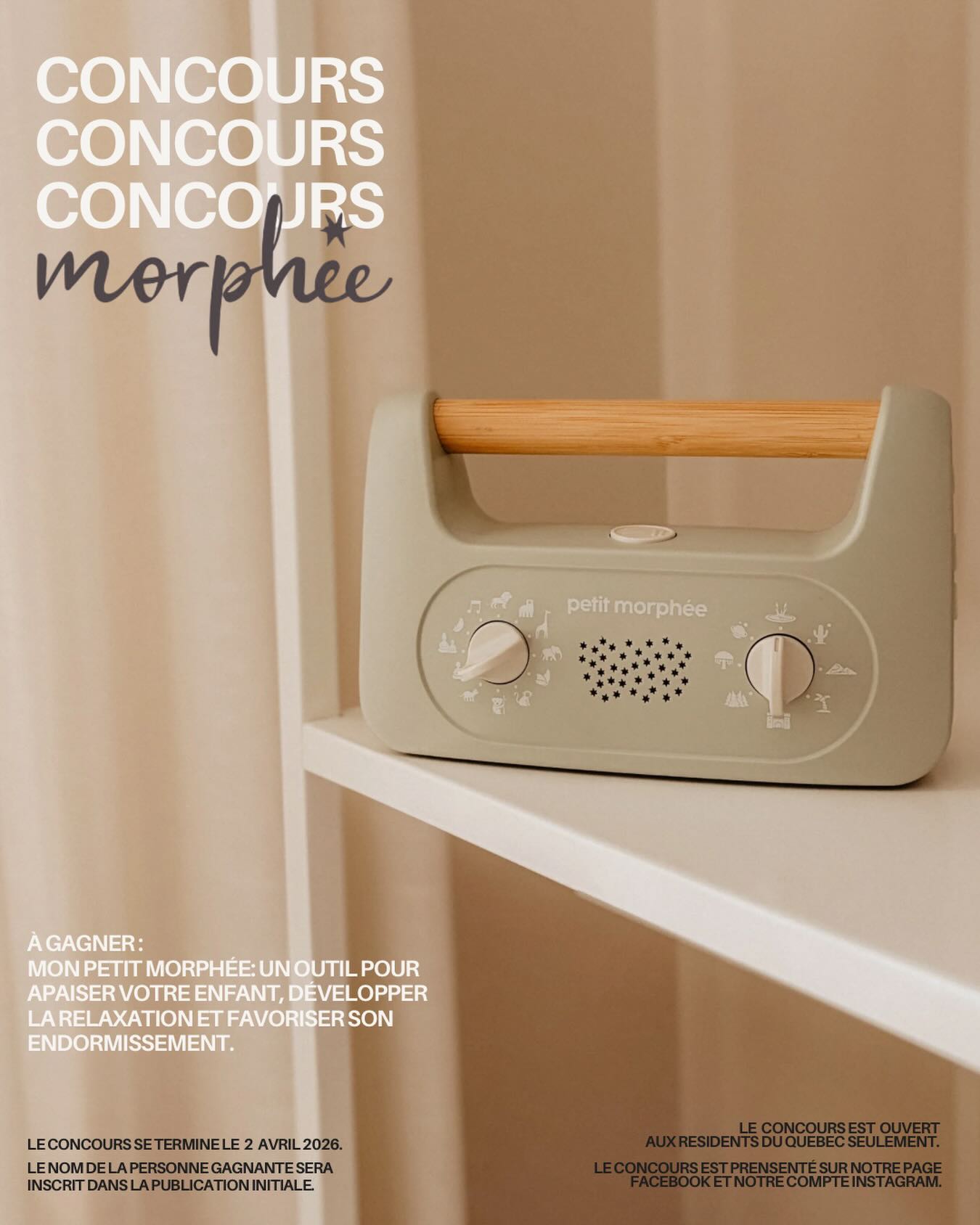 ✨ CONCOURS – Un outil d’apaisement pour vos enfants 🌓 💭
Les enfants ont besoin de moments pour ralentir, se déposer et apprivoiser leurs émotions. 🤍
J’ai eu la chance de découvrir Petit Morphée, un outil qui aide les enfants à se calmer, à se recentrer et à s’endormir en douceur.
Il propose des séances de méditation guidées, des musiques douces, des sons de la nature et des histoires apaisantes, le tout sans écran.
Un précieux allié pour instaurer des routines rassurantes et offrir aux enfants des pauses essentielles dans leur quotidien 🌿
À gagner
Un Petit Morphée @morphee.ca
Pour participer
1. Aime cette publication ❤️
2. Commente (un mot, un cœur ou un moment où ton enfant aurait besoin de ralentir🤍)
3. Identifie quelqu’un qui aimerait cet outil.
✨ Bonus : partage en story pour une chance supplémentaire
Le/la gagnant(e) sera annoncé(e) ici : @samanthapoulin10 🎈
Le concours se termine le 2 avril 2026. Il est présenté sur notre page Facebook et notre compte Instagram.
Bonne chance à tous 🤍
#enfance #concours #enseignante #famille
