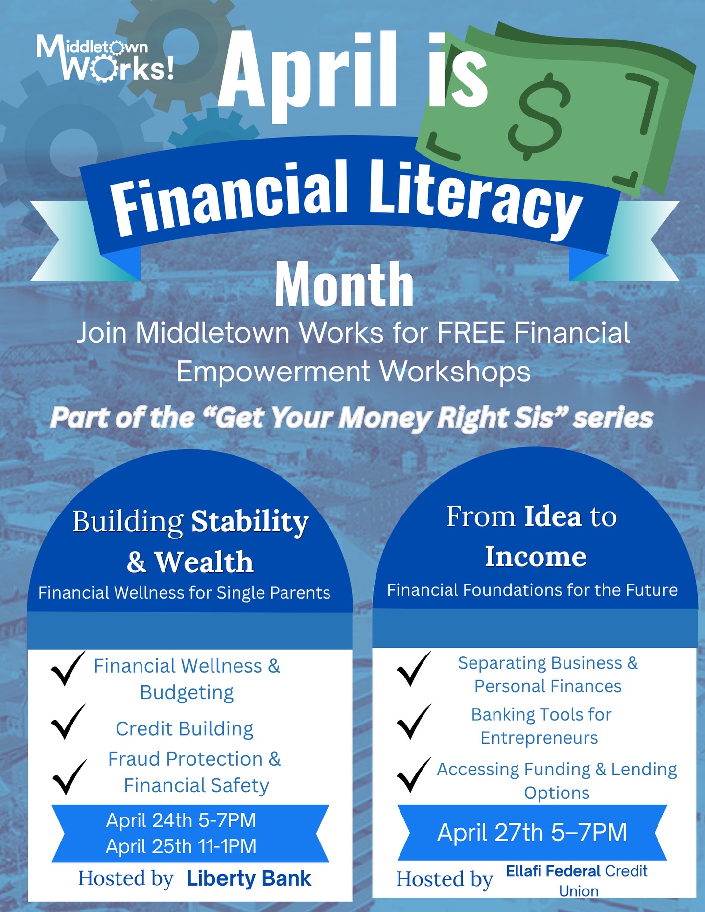April is Financial Literacy Month 💰
Join Middletown WORKS for a series of FREE financial empowerment workshops designed to help you build confidence, stability, and strategy around your money.
From personal banking and budgeting to small business support — we’re creating space to learn, grow, and take control of your financial future.
Because it’s time to get your money right… for real.
Whether you’re starting fresh or leveling up, there’s something here for you.
Tap in. Share with someone who needs this. Show up for yourself.
Registration opening soon!
#FinancialLiteracyMonth #MiddletownWORKS #FinancialEmpowerment #MiddletownCT #CommunityImpact
Abril es el Mes de la Educación Financiera — y estamos creando espacio para aprender, crecer y avanzar.
Middletown WORKS presentará talleres GRATIS enfocados en banca personal, presupuesto y desarrollo de pequeños negocios.
Esto es más que información — es acceso, herramientas y oportunidad.
Guarda este post y compártelo con alguien que lo necesite.
Pronto compartiremos más detalles.