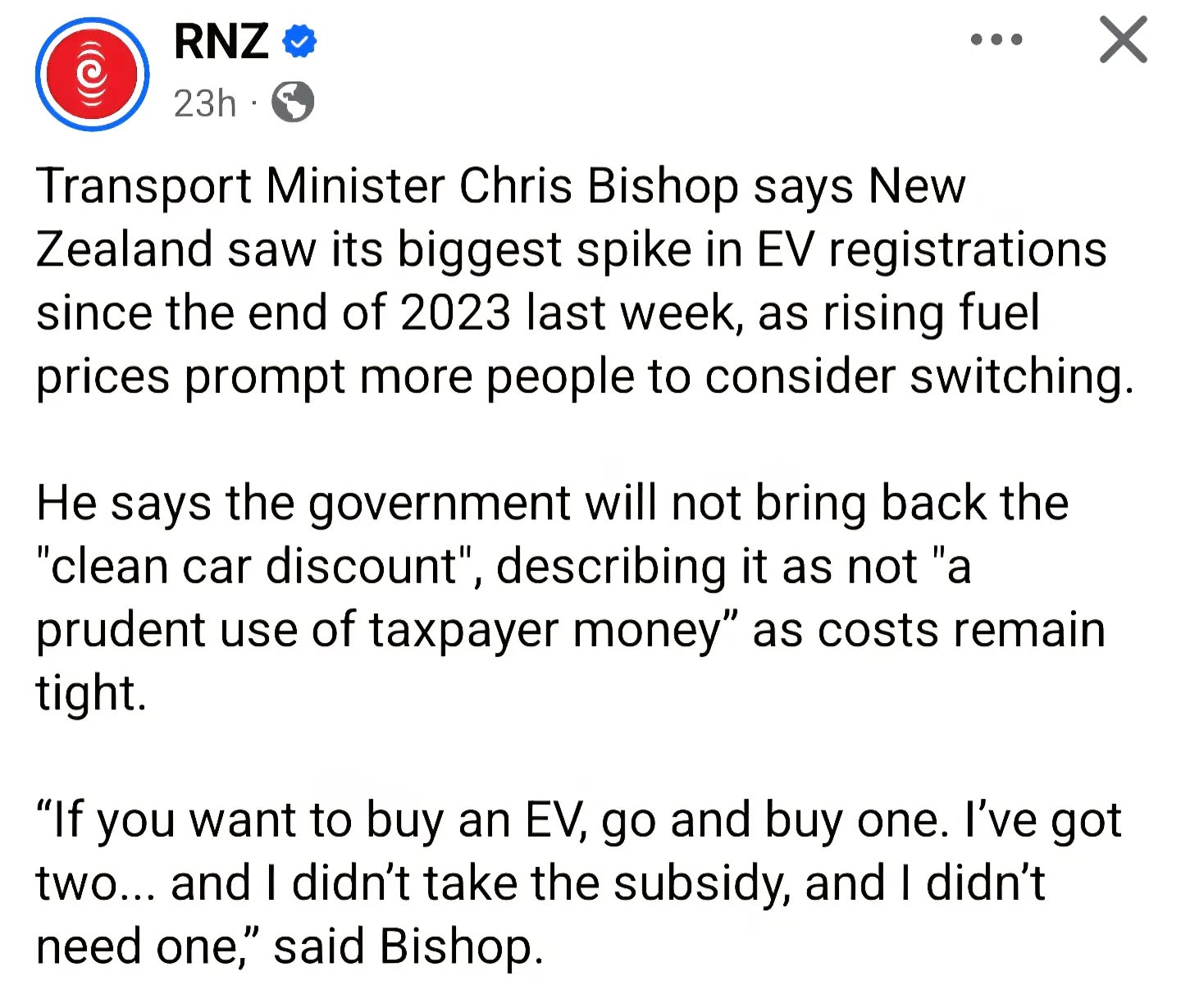 The irony of being in a financial position to switch to EV's, in turn being less impacted by rising fuel costs while people who really need the assistance are left out in the cold.
This government has the power to do so much better right now. Enact policies giving low-middle income families pathways into financing and obtaining EV's while making public tranport free for students, community service card and total mobility card holders and half price for everyone else. Prioritise walking and cycling initiatives. Incentivise shifts to home and community solar. Work with industry to decarbonise asap.
And the best part? These ALL reduce household costs in a cost of living crisis. These are win win solutions for everyone.
All we need is political will. So we encourage you to email your local MP advocating for meaningful changes, support advocacy groups like @freefares.nz and give this government no choice but to do the right thing.
You can read the RNZ article here: https://www.rnz.co.nz/news/national/590791/government-may-pause-fuel-taxes-increases