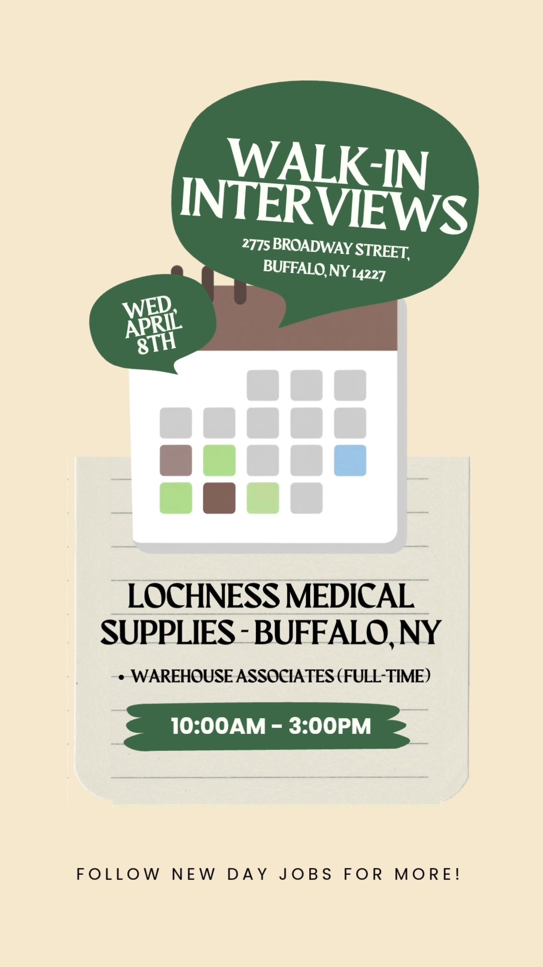 Lochness Medical Supplies is hosting walk-in interviews in Buffalo, NY.
They are hiring for a Warehouse Associate role with immediate interviews available on-site.
Pay ranges from $17.50 – $26.00/hour
🗓 Wednesday, April 8th, 2026
⏰ 10:00 AM – 3:30 PM
Come prepared with:
• Printed resume
• 2 references
Link in comments to apply! Follow New Day Jobs for more opportunities!
#NewDayJobs #BuffaloNY #BuffaloJobs #NowHiring #HiringNow #JobFair #WalkInInterview #WarehouseJobs #ImmediateHire #ApplyNow #JobSearch #JobSeekers #FindAJob #GetHired #CareerOpportunities #EntryLevelJobs #NoExperienceJobs #UpstateNYJobs #SecondChanceJobs #FairChanceHiring #ReentrySupport #JusticeImpacted #JobsNearMe #JobOpportunities #WorkforceDevelopment #CareerGrowth #ExplorePage #FYP #CorporateTok #9to5