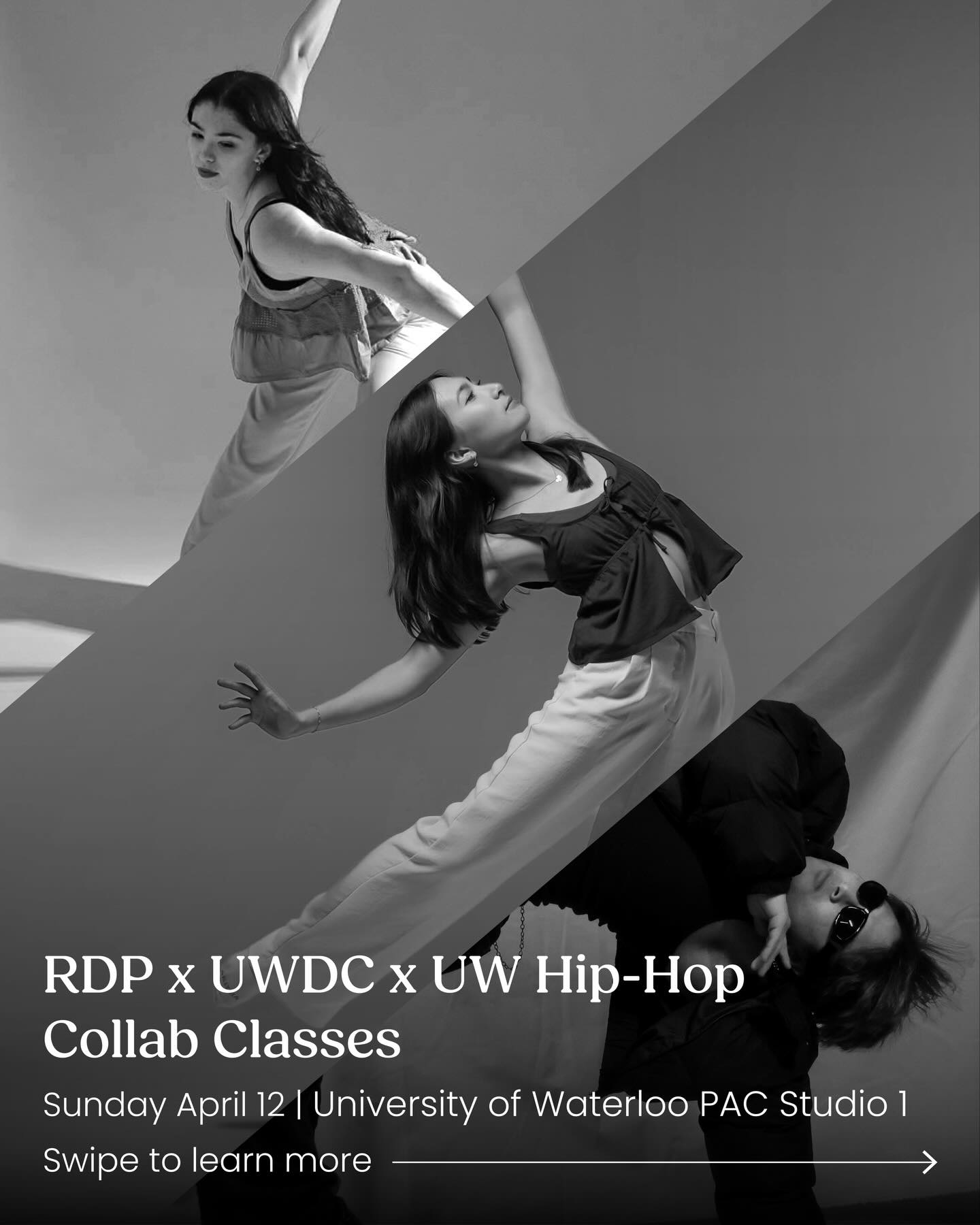 Rhapsody Dance Project, University of Waterlooâs Dance Company and UW Hip Hop are teaming up for a special collaboration at the University of Waterloo in PAC Studio 1 on Sunday April 12th!
Weâre offering three classes, $10 each, or grab the full package for $25 and make the most of the experience! The discount will be applied automatically.
2:00 - 3:00 Contemp with Marina
3:05 - 4:05 Jazz Funk with Paige
4:10 - 5:10 Hip Hop with Gabe
*Our RDP drop-in memberships do not apply to this collaboration.
Sign up today at rhapsodydanceproject.ca/events or through our link in bio!