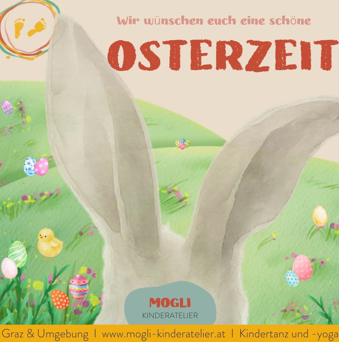 🐣🌷OSTERFERIEN 🌷🐣
Jetzt ist auch bei uns Ferienzeit.
Wir wünschen euch wunderschöne Osterferien, ganz viele fröhliche Momente, Zeit zum Spielen, Zeit mit der Familie und ganz viel Sonne. ☀️
Ab dem 7. April starten wir wieder mit unseren Kursen und wir freuen uns jetzt schon sehr darauf, euch alle wiederzusehen. 🌸💫
Genießt die Ferien und wir sehen uns ganz bald wieder!
Wir freuen uns auf euch!
Alles Liebe
MOGLI Team