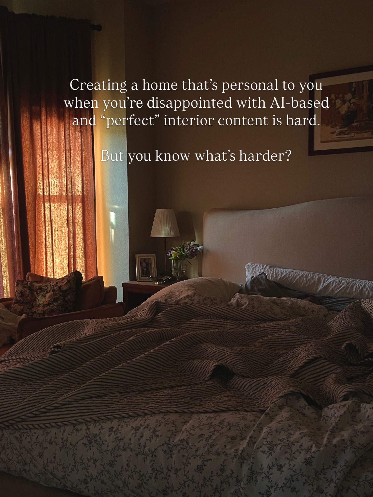 Finding inspo with AI content around all of us is really hard - I get it.
But don’t we all deserve to feel at home and make it a comfortable place for us and our family?
There are a couple of ways you can reduce AI content from your feed, Pinterest, etc and view more spaces that truly reflect like home.
Let me know in the comments if you’d like me to make a list of how you can do that!
I created this account because I was done chasing “perfect” (and no AI) and wanted to share snippets of real life interiors - with kids, laundry, budgets. I hope this inspires and gives you confidence to create yours 💛
