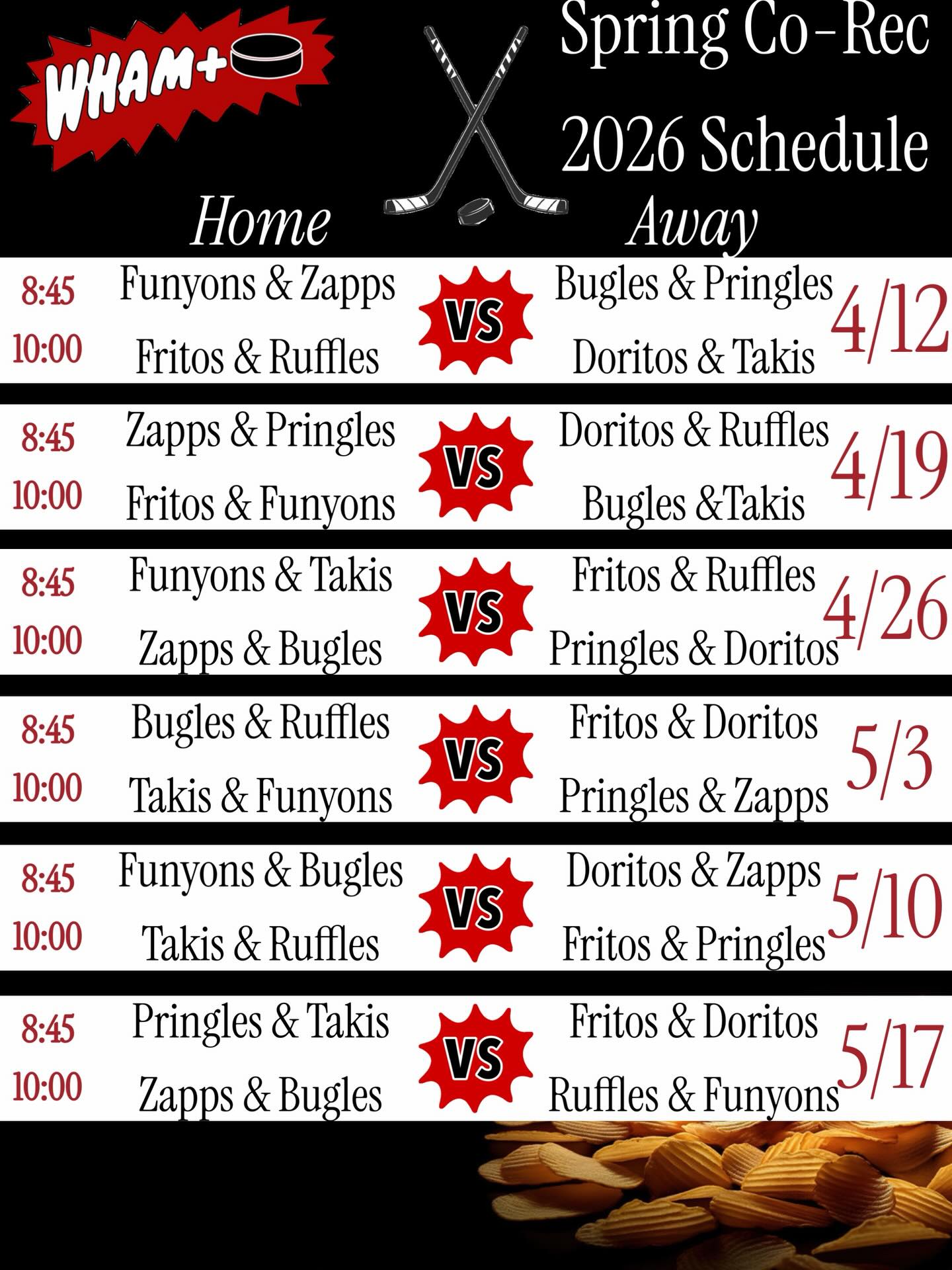 Spring starts this Sunday and Monday! Here’s the schedules for Spring 2026! See you on the ice Whammers!!
