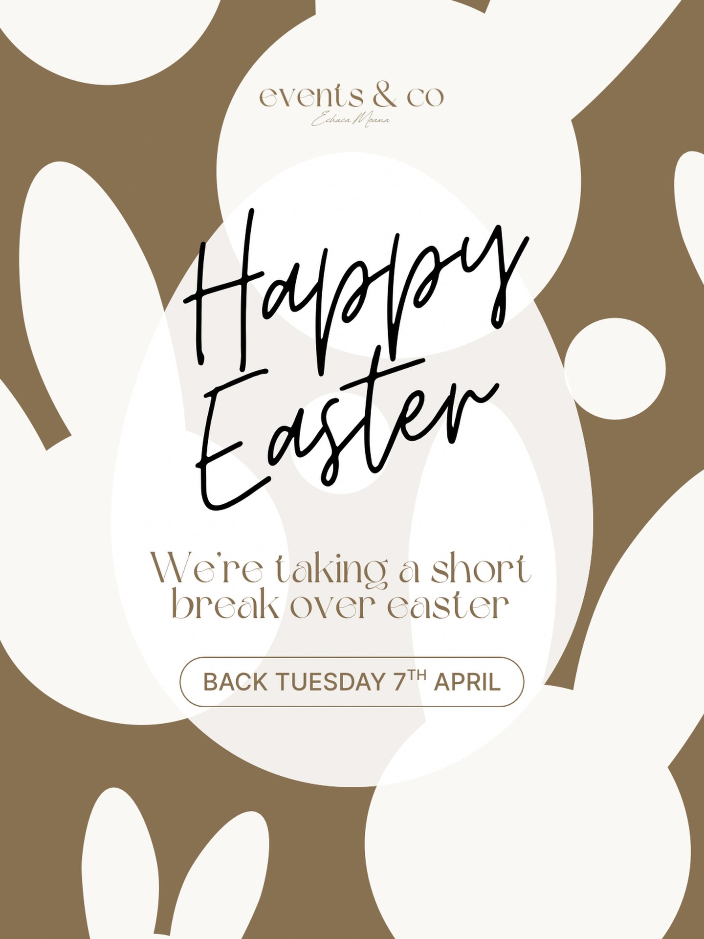 Happy Easter Events & Co family!
We hope everyone has a happy and safe Easter, spent with loved ones.
We will be offline for the next few days, back Tuesday 7th April.
We’re spending some much needed time with our families. Any DM’s will be responded to then 🥰
Abbie xx