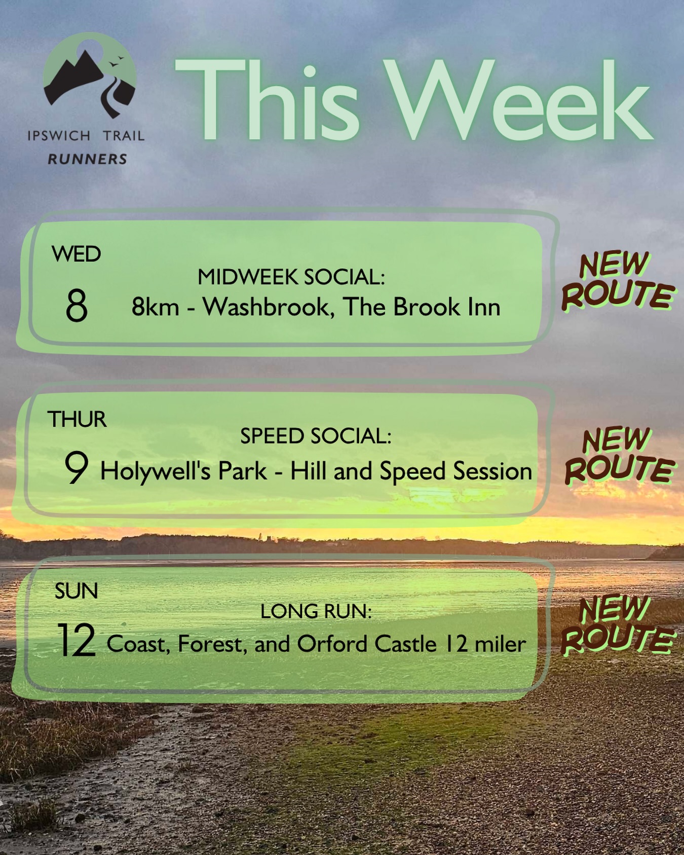 Here’s your spring time running for next week.
🚨important notice 🚨
There is no run on Tuesday as our run leader for that day is currently running laps of Kefalonia and is doing a great job at it too!
Come along, chase some sunsets, and some speed 🏎️
#ipswichtrailrunners #runclub #trailrunningsuffolk