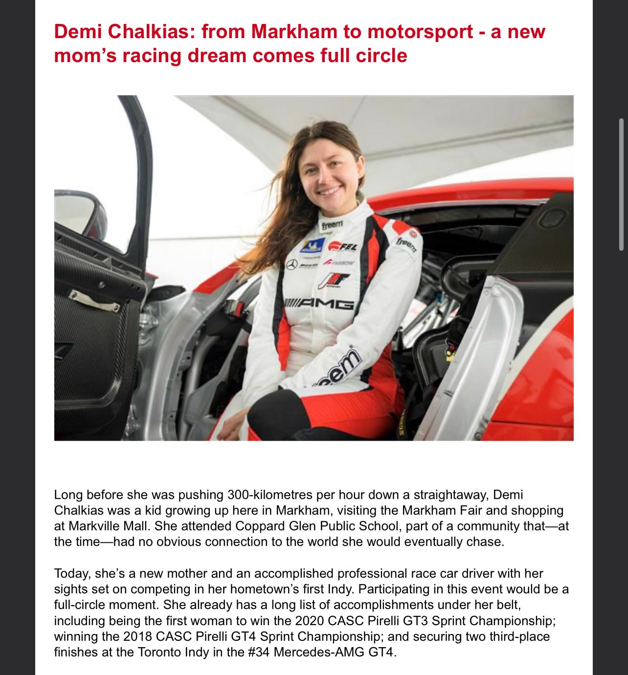 Thank you @cityofmarkham for having me as your Special Edition feature in the MarkhamNOW! ❤️🏁
“When she shared the news that she was expecting her first child, people told her it meant the end of her career. She didn’t see it that way. Instead, becoming a mother gave her a new sense of purpose. Now, she’s not just racing for herself, she’s racing for her son.
“I want him to see what his mom does,” she says.” 🥹
#Markham #MarkhamNOW #MarkhamIndy #HondaOntarioDealers #DemiChalkias