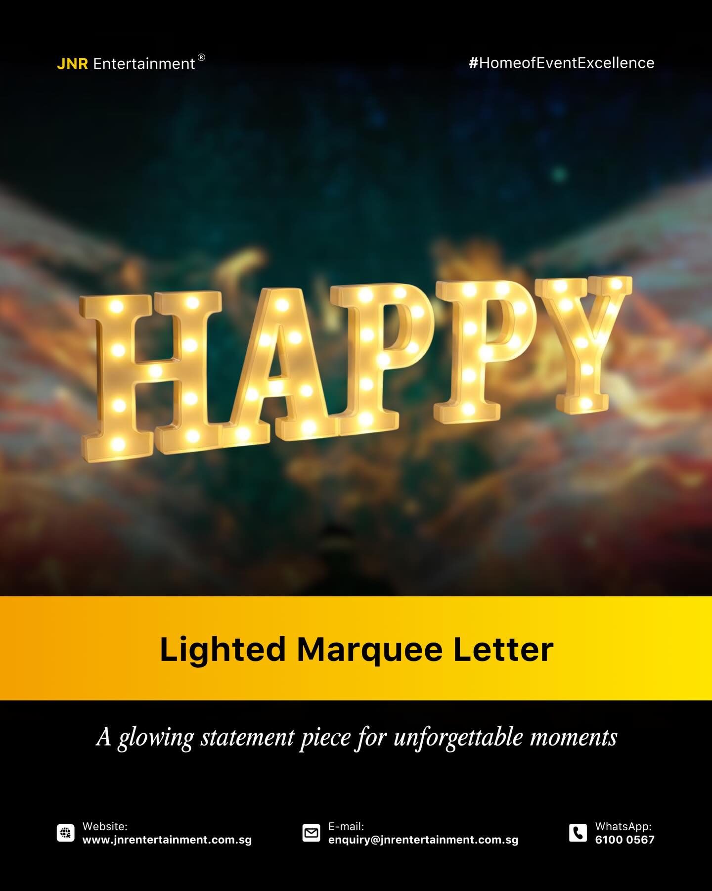 Light it up, make it yours💡
Lighted marquee letters are the perfect way to add a bold and personalised touch to your event. Whether it is names, initials, or special messages, these illuminated displays create a striking visual that instantly draws attention and enhances the overall atmosphere.
A simple yet impactful addition that brings your event to life and leaves a lasting impression.💫
✉️ enquiry@jnrentertainment.com.sg
📱 61000 567
🔗 www.jnrentertainment.com.sg
#EventGamesSingapore #SingaporeEvents #FormalEvents #EventEntertainment #JNRentertainment