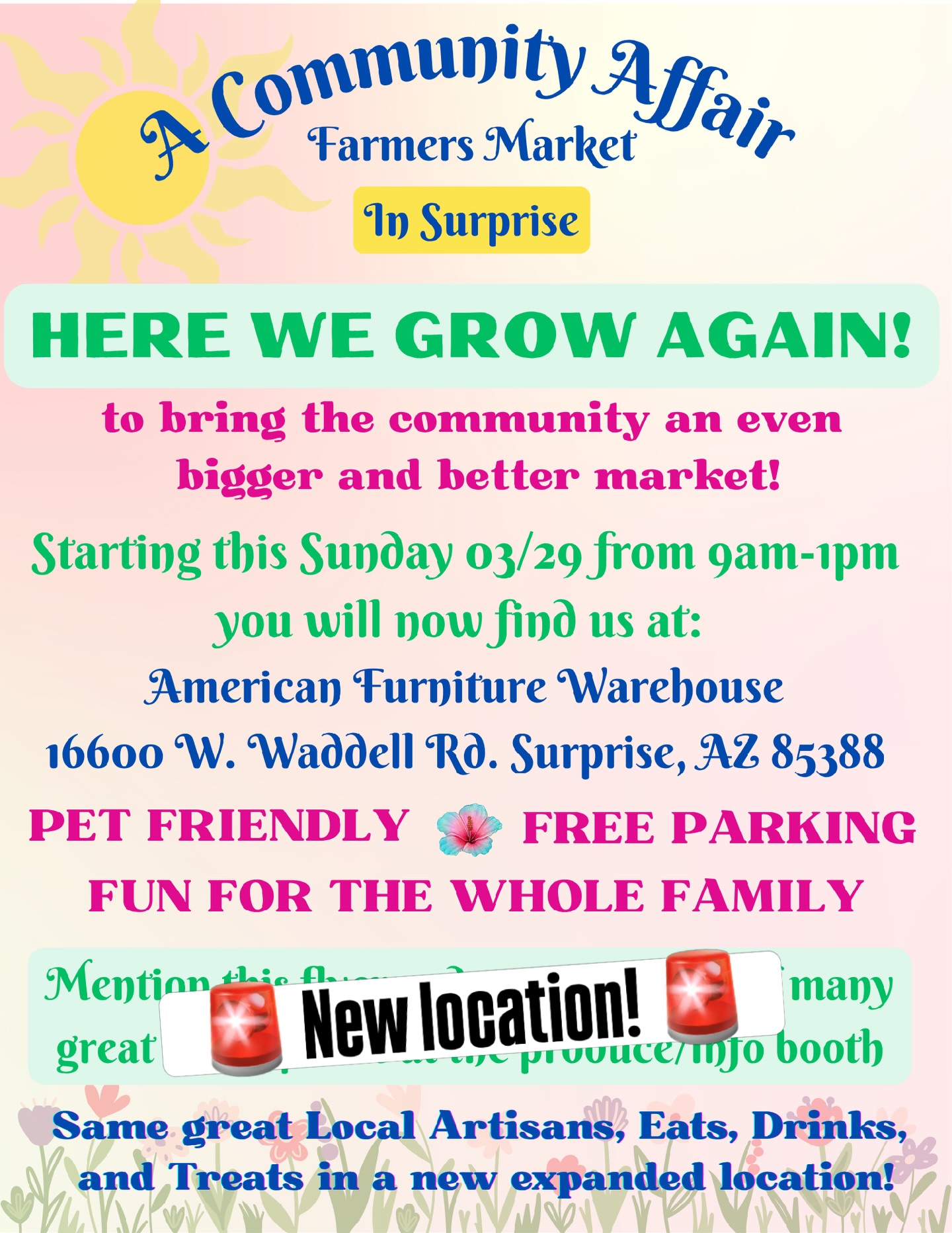We’re growing… and so is @acommunityaffairfm 🙌
You can now find us at their NEW, expanded location starting this Sunday 🌱
📍 American Furniture Warehouse – Surprise
🗓️ 9AM–1PM
Bigger market, more vendors, and more of your favorite local finds—including us. Come out, bring the family (and your pup 🐶), and check out what’s new.
Let’s keep growing together.
.
.
#SurpriseAZ #ArizonaEvents #FarmersMarketAZ #ShopLocalAZ #community