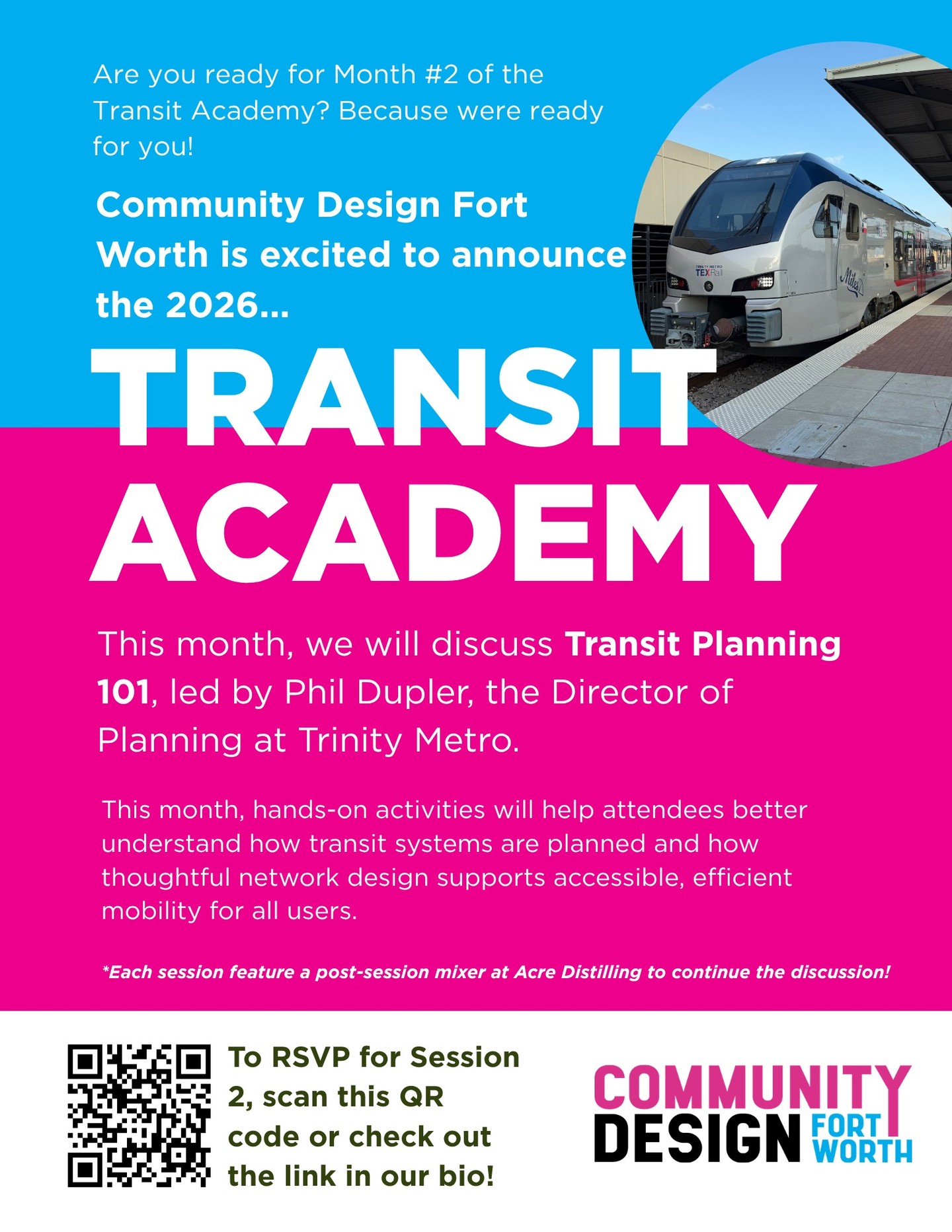 Community Design Fort Worth invites you to the second session of our Transit Academy series on Wednesday, April 15, from 4:00–6:00 PM at Fort Worth Central Station.
This month’s session, Transit Planning 101, will be led by Phil Dupler, Director of Planning at Trinity Metro. Phil will introduce the fundamentals of transit planning and guide participants through an interactive, hands-on activity to design a transit network.
Along the way, participants will explore the key factors, tradeoffs, and real-world constraints that shape planning decisions.
By the end of the session, attendees will gain a clearer understanding of how transit systems are planned and how thoughtful network design supports accessible, efficient mobility for all users.
Use this link to register for Session 2 https://forms.gle/8JDpBnqonu1bhJaG7
or check out the link in our bio!
Fort Worth Central Station: 1001 Jones St, Fort Worth, TX 76102
From 4-6
A post-session mixer will take place across the street at Acre Distilling.