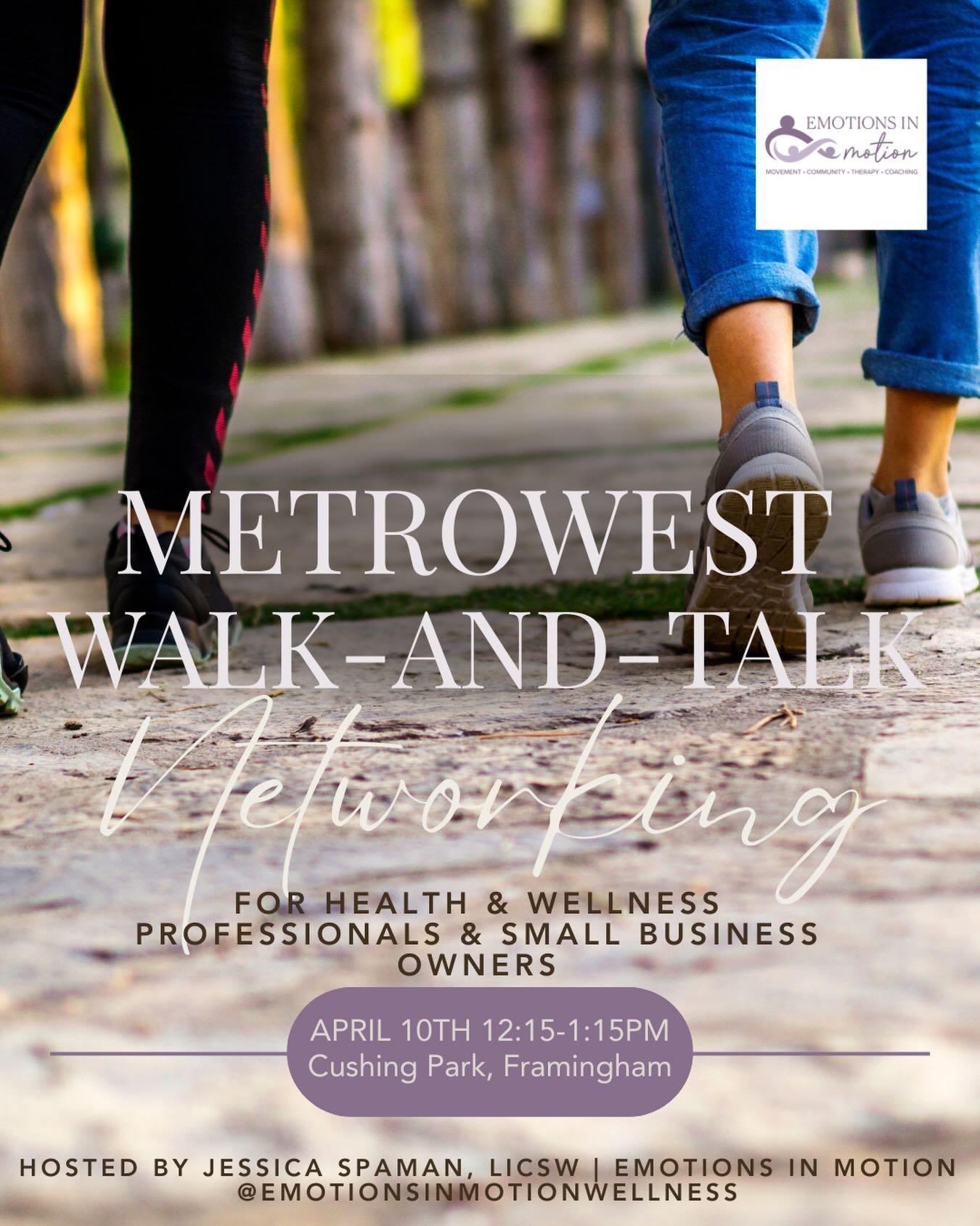 Are you a local health and wellness professional or small business owner?
Come join our first monthly (second Friday of the month) Metrowest Walk & Talk Networking group designed for local professionals and small business owners in the health and wellness space to connect in a meaningful way.
Instead of sitting in a room or on another Zoom call, we’ll gather at Cushing Park in Framingham to walk together, enjoy fresh air and sunshine, and build authentic professional connections, relationships, and a supportive community.
The first one will be:
🗓️April 10th, 12:15-1:15pm
📍Cushing Park in Framingham
This group is open to therapists, coaches, healers, and other professionals in the health and wellness space, or those who work with parents, children, and families.
You can find more details and register through the link here or in bio: https://www.emotions-in-motion.com/service-page/metrowest-walk-talk-networking-group
#metrowestnetworking #metrowestsmallbusinessowner #metrowestchamber