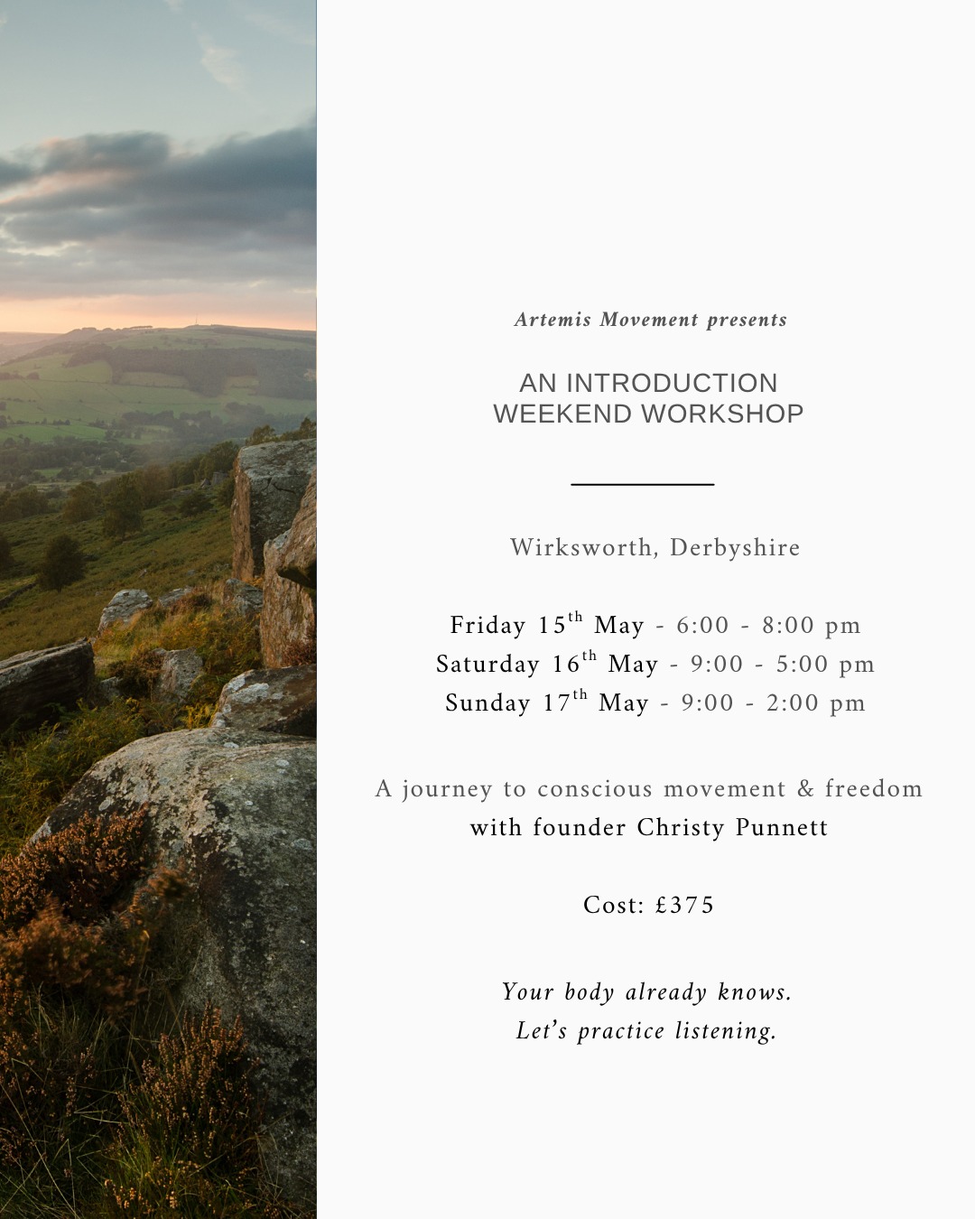 We're coming to Wirksworth, Derbyshire UK this May for an Introduction Weekend Workshop with Christy Punnett. Three days of somatic movement, breathwork and the kind of stillness your nervous system has been craving.
Friday 15th May · Saturday 16th · Sunday 17th May
£375 · Everyone is welcome · Spaces are limited
Link in bio to book, or message us directly if you have any questions.
