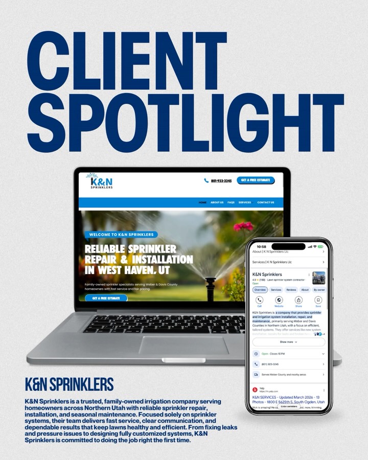 Client Spotlight: K&N Sprinklers 💧🌱
K&N Sprinklers is a Utah-based irrigation company dedicated to keeping lawns healthy, efficient, and built to last. From sprinkler installation and repairs to system upgrades and seasonal maintenance, they bring reliability, experience, and attention to detail to every job.
When they came to us, they didn’t just need a “good-looking” website.
They needed something that felt dependable. Clean. Straightforward.
A site that clearly showed what they do and made it easy for customers to trust them and reach out.
So we built a website that reflects exactly that! Simple navigation, clear service breakdowns, and messaging that speaks directly to homeowners who want things done right the first time.
This is why we love what we do.
Helping local businesses show up online with clarity and confidence.
From full website builds and refreshes to SEO and Google Business optimization, we create systems that don’t just look good… they work.
#ClientSpotlight #UtahBusiness #WebsiteDesign #DigitalMarketing #LocalBusiness