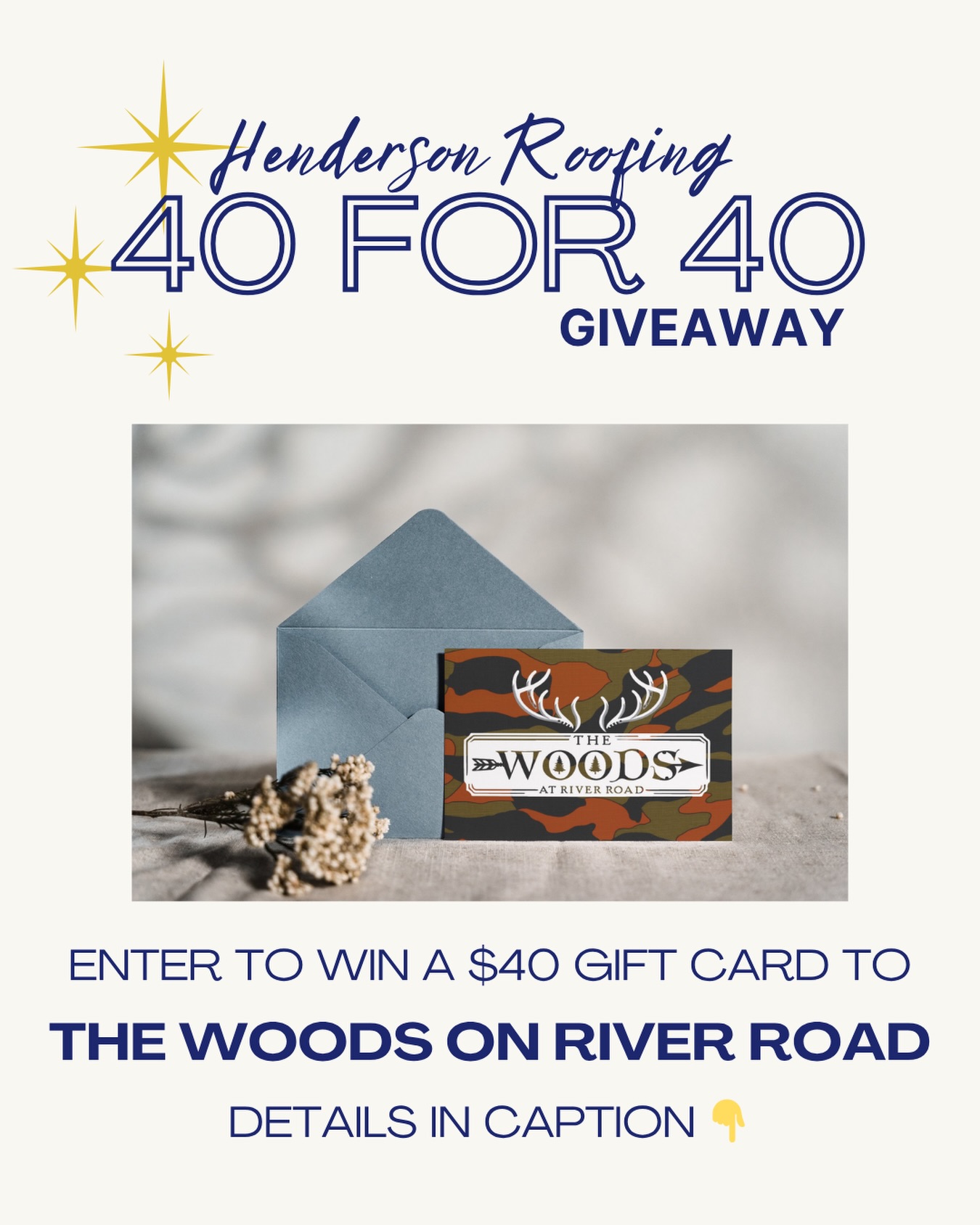 🎉40 FOR 40 GIVEAWAY🎉
Win a $40 gift card to The Woods on River Road!
How to enter:
1. Follow @hendersonroofing & @thewoodsatriverrd
2. Like this post
3. Tag a friend in the comments
4. Share this post
Winner will be announced on 5/14 from this page. Dont forget to hop over to our Facebook account and enter there too for an extra chance! 👀