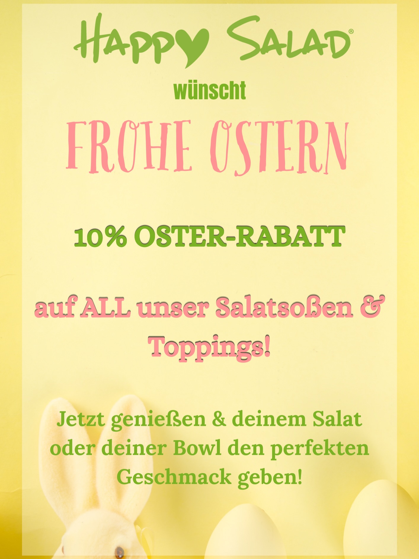 🐣 Don’t miss it: Ostern mit Happy Salad 🥚🌷
Weil Ostern ohne Eiersuche einfach nicht komplett ist, haben wir etwas Schönes für euch vorbereitet: Zwischen bunten Dressings und knackigen Knusper Konfettis haben sich auf unserer Website bunte Ostereier eingeschlichen. Wer sie entdeckt, hat die Chance auf ein leckeres Happy Salad Oster-Nest. 🥗✨
🥚 So nimmst du teil:
1. Finde unsere versteckten Eier auf der Website
2. Schicke uns das Lösungswort einfach im Check-out deiner Bestellung
Mit etwas Glück gewinnst du:
🎁 1x Happy Salad Dressing deiner Wahl (250ml)
🎁 1x Knusper Konfetti deiner Wahl (70g)
🎁 1x Happy Salad Lunchbox
🌼 Und nicht vergessen:
Aktuell erhältst du 10 % Oster-Rabatt auf alle Produkte unter www.happy-salad.de/happy-shop
⏰ Unsere Osteraktion läuft nur noch bis zum 06.04.2026.*
Wir wünschen dir viel Spaß beim Suchen und schöne Ostertage! 🐣
BE HAPPY & STAY HEALTHY💚
#Ostergewinnspiel #Ostern #happysalad #salad #salatsoße
*Das Gewinnspiel wird nicht von Facebook/Instagram gesponsert oder unterstützt. Jeder der die Teilnahmebedingungen erfüllt landet im Lostopf. Der/die Gewinnerin wird zufällig ausgelost und nach dem 06.04.2026 ermittelt und benachrichtigt