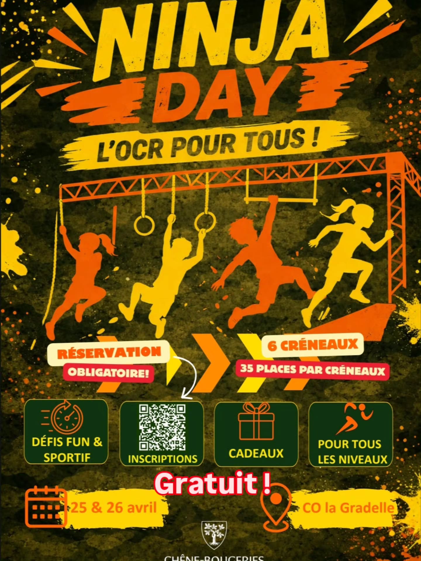 🎉 100% FUN & GRATUIT 🎉
Spartcamp débarque au CO de la Gradelle à GENÈVE pour un week-end 100% Ninja Day les 25 et 26 avril ! 💥
Viens rencontrer notre équipe, tester notre parcours d’obstacles et te lancer des défis de folie avec tes potes ou ta famille 🏃♂️🔥
Fun, adrénaline et bonne ambiance garantis — alors, prêt à relever le défi ? 💪😎
⚠️ Inscription obligatoire : scanne le QR code pour booker ta session de 1h30 ⏱️