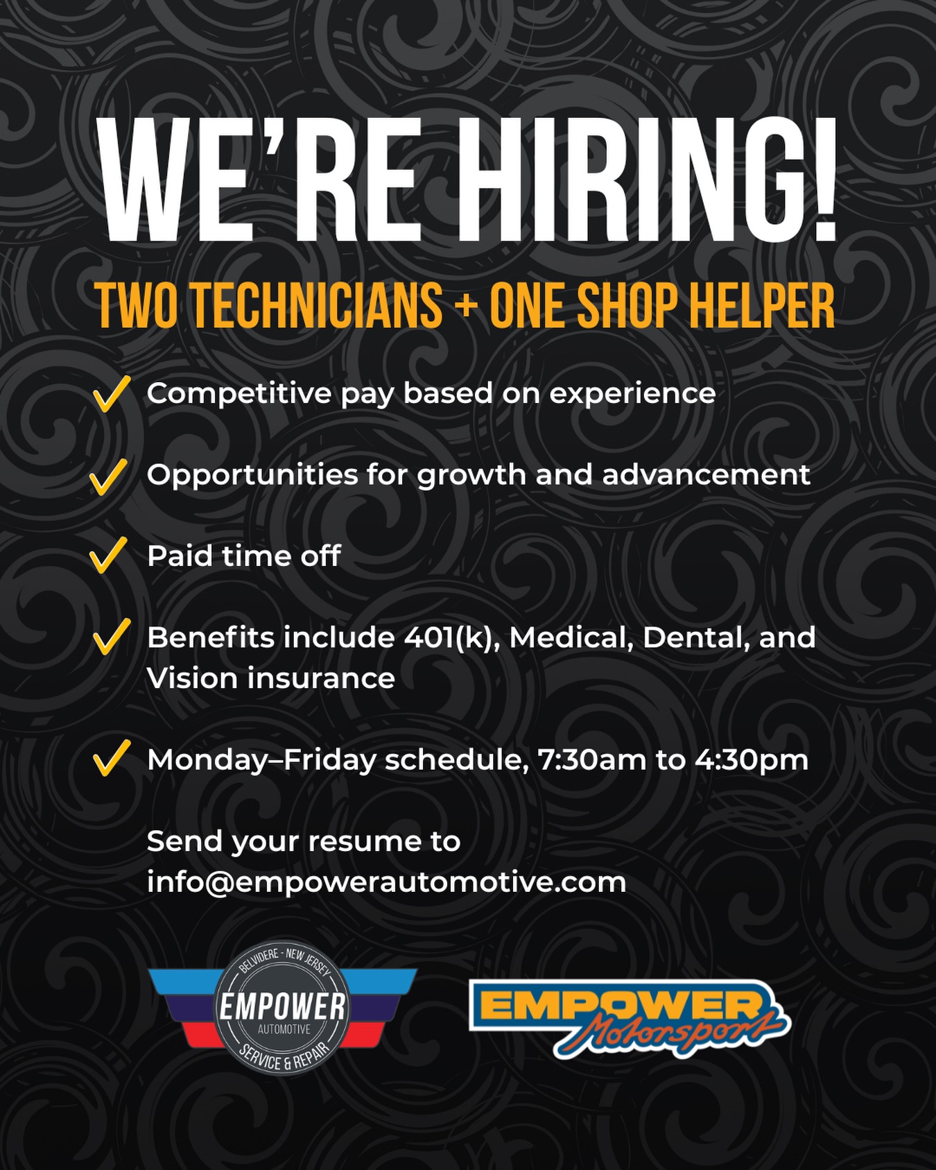 It’s that time of year again, folks!
WE’RE HIRING — 3 OPEN POSITIONS
eMpower Automotive is growing and we’re looking for the right people to grow with us.
We’re hiring a Shop Helper and two Technicians (all skill levels welcome — lube tech to Master Tech). European car knowledge is a plus. A passion for BMWs is an even bigger one.
Monday–Friday. No weekends. Competitive pay, 401(k), PTO, and full medical, dental, and vision benefits.
Think you’re a fit? Know someone who is? Send resumes and inquiries to info@empowerautomotive.com 📩