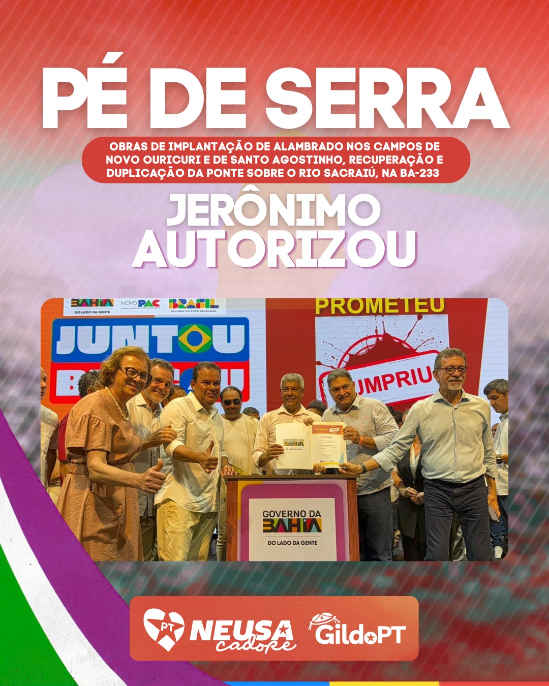 Em Pé de Serra, o município foi contemplado com as obras de implantação de alambrado nos campos de Novo Ouricuri e de Santo Agostinho, em uma conquista que também dialoga com a luta do vereador Gil do PT. Outra luta nossa é recuperação e duplicação da ponte sobre o Rio Sacraiú, na BA-233, uma demanda defendida pelo mandato por meio da Indicação nº 25.423/2021.