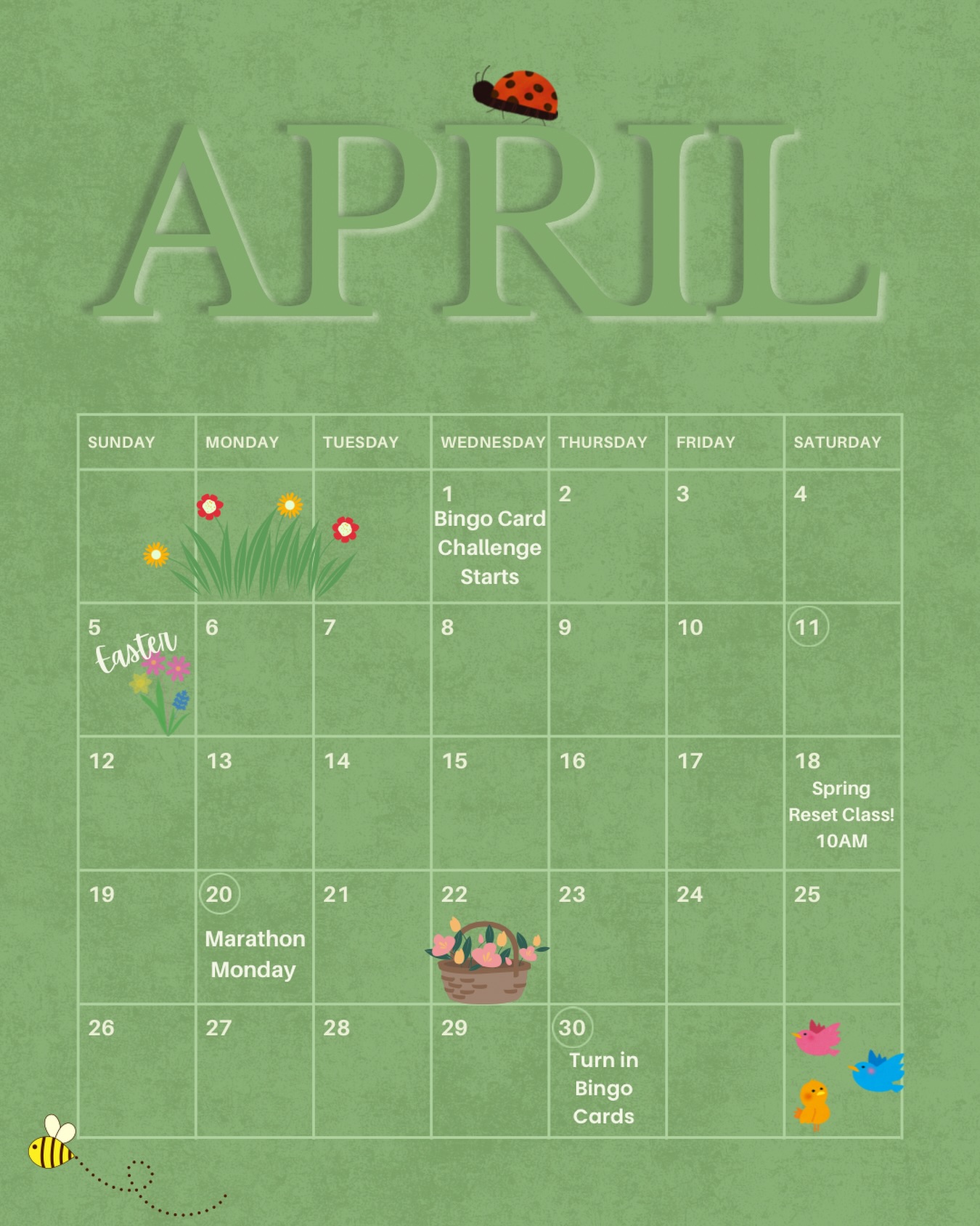 April calendar! 🌻🌷
Join us Saturday the 18th for a spring themed class! Pastels and florals encouraged 🤍
#hudsonma #strengthtraining #groupclasses