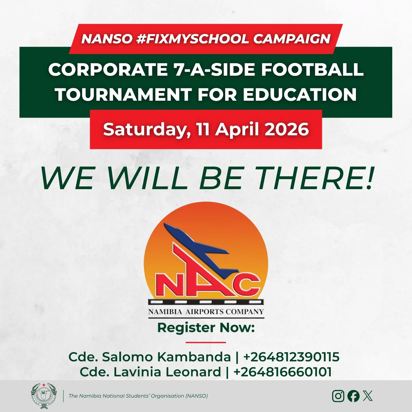 From the sky to the heart of education! ✈️
We are proud to announce that the Namibia Airports Company (NAC) has officially registered for the NANSO #FixMySchool Corporate 7-A-Side Football Tournament! Taking flight for quality education in Namibia. 💚✊🏾