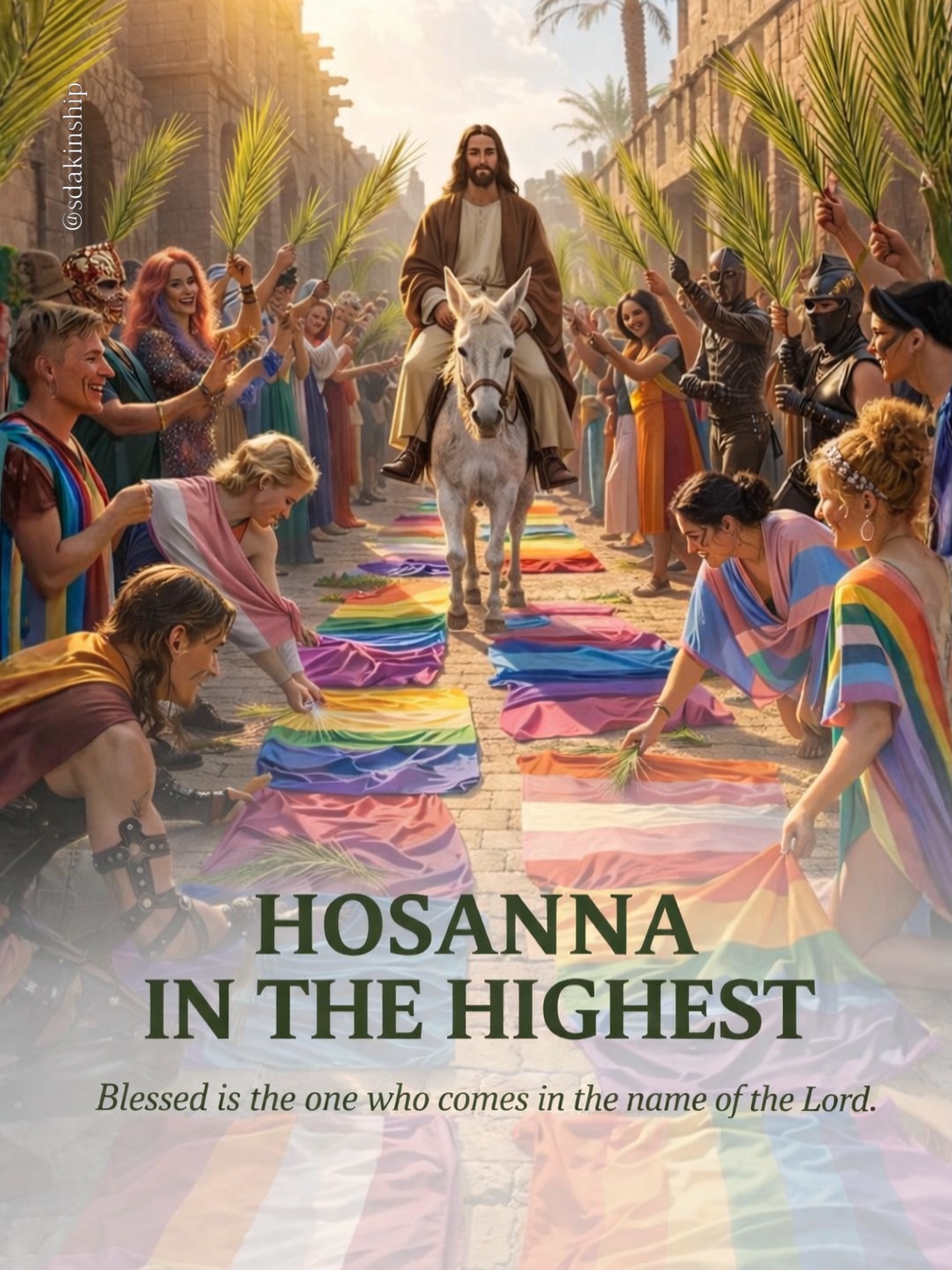 Hosanna in the highest! | “I grew up in a Protestant tradition, and I must admit that I did not always pause to recognize this day as Palm Sunday.
But when I reflect on it more deeply, I begin to see something meaningful:
this is not just a celebration,
but the beginning of a journey —
a journey that leads to the cross.
When Jesus entered Jerusalem, the crowd welcomed Him with joy.
They sang, laid down their cloaks, and raised palm branches.
They believed He would reign with power,
that He would change everything by force.
They were expecting a liberator.
But Jesus did not meet those expectations.
He did not seek a throne.
He did not overpower His enemies.
Instead, He chose the path of love.
He stepped away from the crowd.
He was misunderstood.
He was rejected.
And still… He continued forward.
Because His mission was not to dominate,
but to save.
Today, as we reflect on this moment, a sincere question arises:
what kind of Jesus are we expecting?
One who acts according to our desires?
Or one who calls us to live according to His love?
This image also reminds us of an important truth:
in the midst of the crowd, we have always been there.
And just as Jesus looked upon each person with compassion,
He still sees us today with love, dignity, and worth.
Nothing can take that away.
May we open our hearts today
and accept the path He chose —
the path of self-giving love.
Hosanna in the highest.
Blessed is the one who comes in the name of the Lord.”
🌿 Happy Palm Sunday 🏳️🌈🏳️⚧️
By @danlikurci