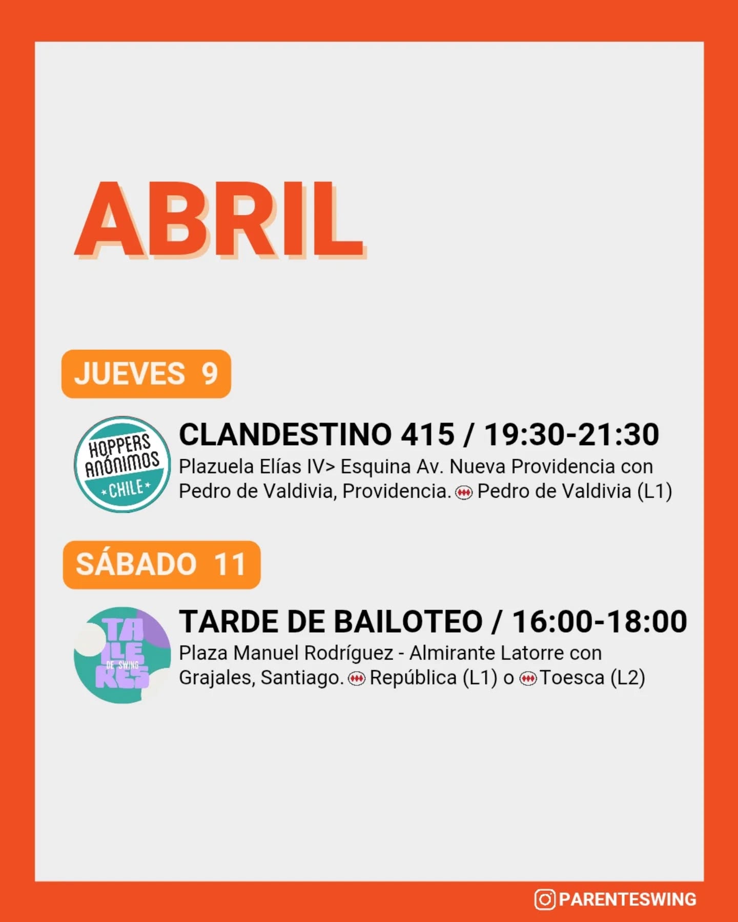 ✨Todos los eventos son gratuitos y abiertos a todo público, a menos que se indique valor de entrada 💸
‼️Cualquier modificación o nuevo evento en los comentarios de esta publicación 👇🏻 y/o por historias 👆🏻
🤔 Qué es un Clandestino o Baile Social?
Una instancia donde fanáticos de los bailes swing (Lindy hop, Balboa, Shag, Solo jazz) se reunen a compartir, hacer comunidad y a la vez, practicar.
❌ Las actividades publicadas NO son instancias de clases para aprender a bailar, a menos que se indique “Clase Abierta/Gratis”.
👀 Quieres aprender a bailar?
En nuestra historia destacada “CLASES” encuentras los formularios de inscripción con toda la información a los distintos cursos del mes de las escuelas de bailes swing ✨
Nos vemos en la pista! 💃🏻🕺🏻🔥
#lindyhopchile #swingchile #panoramasgratis #swingdancechile #swingdancingchile