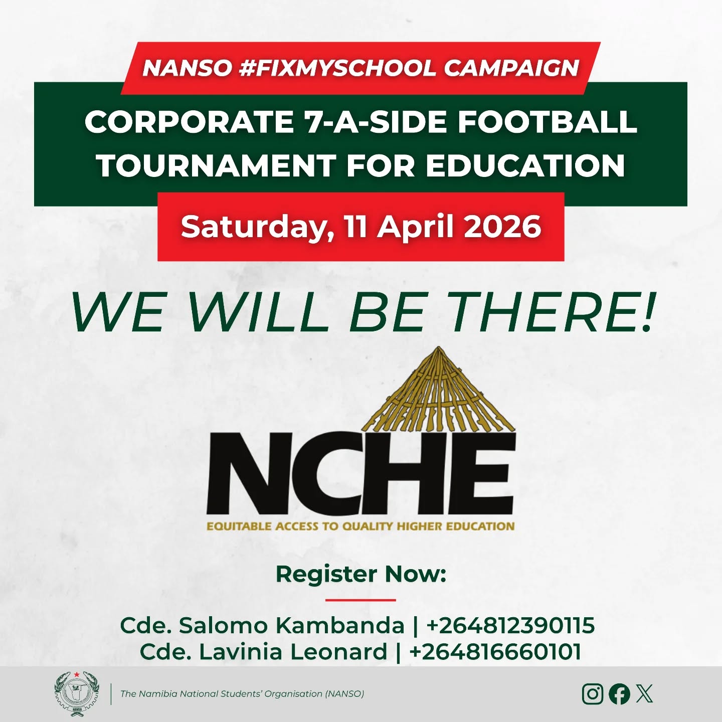 Uniting all levels of education in Namibia!π
We are proud to announce that the National Council for Higher Education (NCHE) has officially registered for the NANSO #FixMySchool Corporate 7-A-Side Football Tournament!πβπΎ