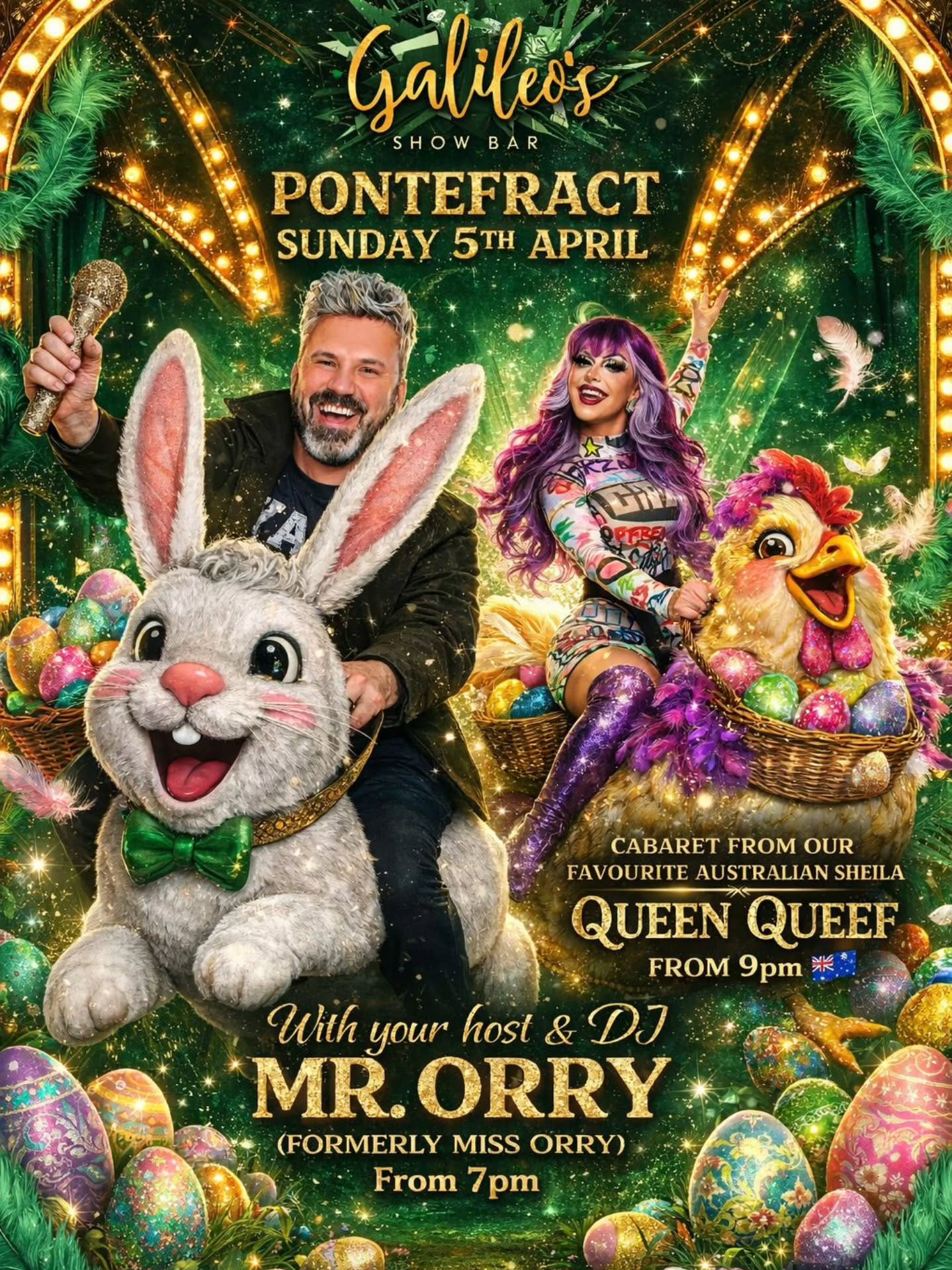 🐰✨ EASTER JUST GOT EXTRA… 🌈💋
Darlings, cancel your quiet Sunday plans because Galileo’s Show Bar is SERVING you a Bank Holiday spectacular you will NOT survive (emotionally, spiritually, or in your group chat).
💚 EASTER SUNDAY – PONTEFRACT 💚
🥂 From 7PM – your host, your icon, your chaos coordinator…
💃 MR. ORRY (formerly Miss Orry) is BACK and ready to spin, slay, and stir up some serious mischief
🔥 From 9PM – HOLD ON TO YOUR EGGS…
🇦🇺 The unapologetic, outrageous, absolutely unhinged
👑 QUEEN QUEEF hits the stage with a cabaret that’s louder, prouder, and filthier than your nan’s search history
🐣 Expect:
✨ Camp chaos
✨ Glitter explosions
✨ Easter bunnies that definitely aren’t child-friendly
✨ More drama than a chocolate egg meltdown
🎤 Big tunes, bold looks, and absolutely ZERO chill
So grab your besties, paint your face, shake your tail, and get down to Galileo’s for a night that’s giving FULL Easter fantasy 💅
💋 Bank Holiday Sunday done the RIGHT way
#EasterButMakeItCamp #GalileosShowBar #DragNight #BankHolidayVibes #QueenQueef MrOrry