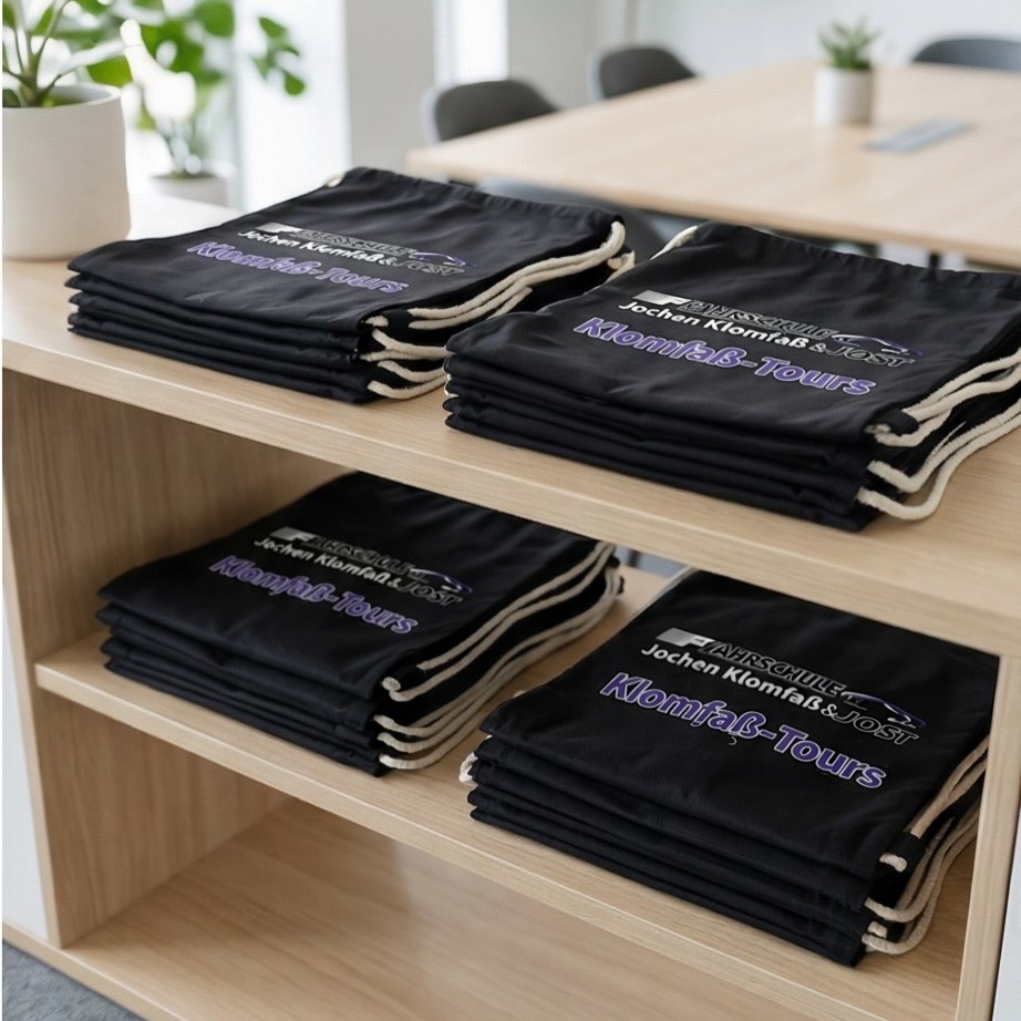 Stylische Gymsacs für die @fahrschule_jochenklomfass | ⚪️🔵| #textildruckwetterau #derkünzederdruckt #derkünzederstickt