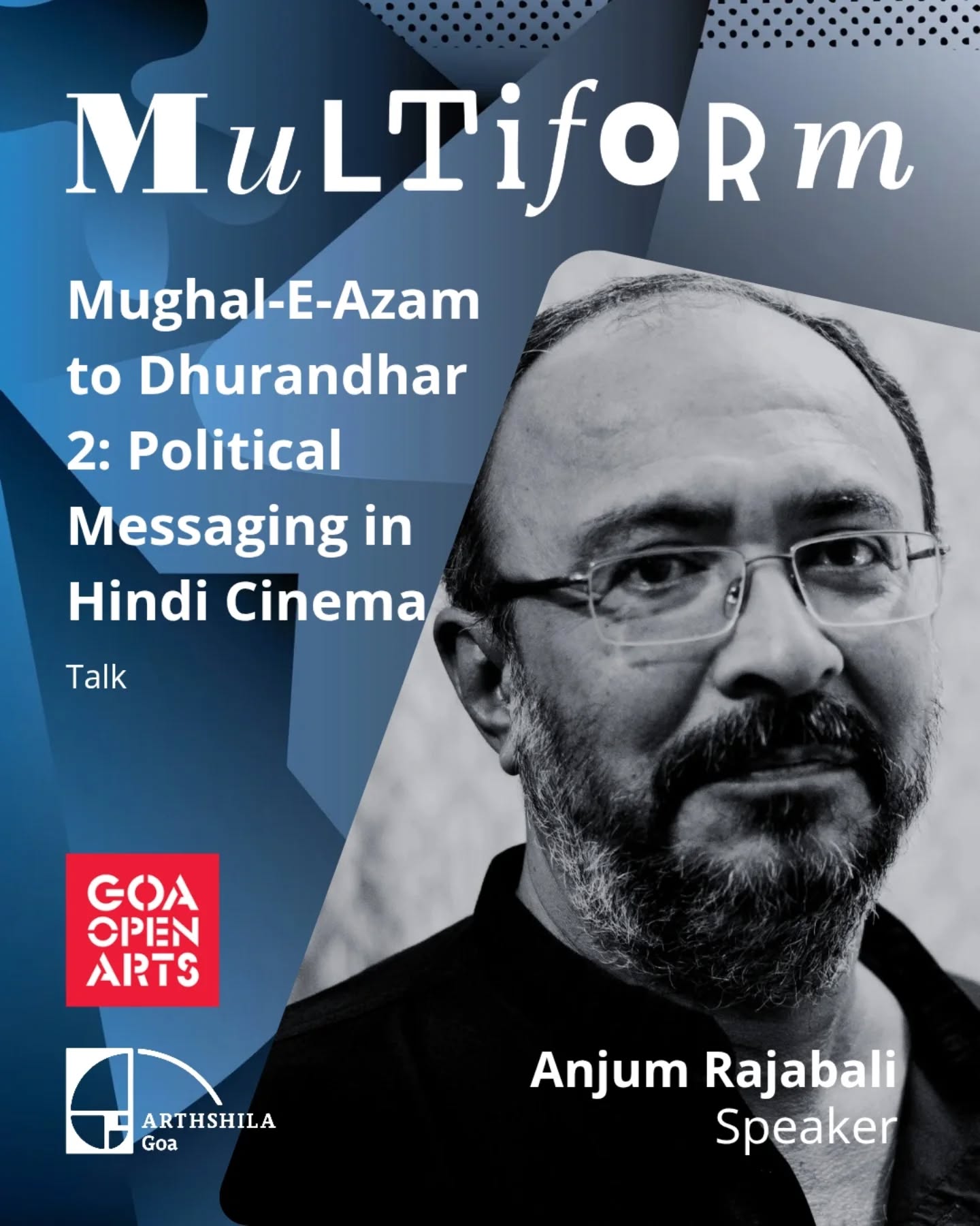 Anjum Rajabali | Mughal-E-Azam to Dhurandhar 2: Political Messaging in Hindi Cinema 🎬📝
We’re delighted to present the fifth session of Multiform, with a talk by Anjum Rajabali titled Mughal-E-Azam to Dhurandhar 2: Political Messaging in Hindi Cinema.
This session explores how films reflect society and communicate political messages. Through examples from Hindi cinema, Anjum Rajabali will trace the arc of political messaging, while examining how financial imperatives, the star system, and other forces influence what appears on screen.
The talk will offer the audience an opportunity to engage with the ideas shaping cinema and storytelling in India.
📅 10 April 2026 | 🕡 6:30 pm