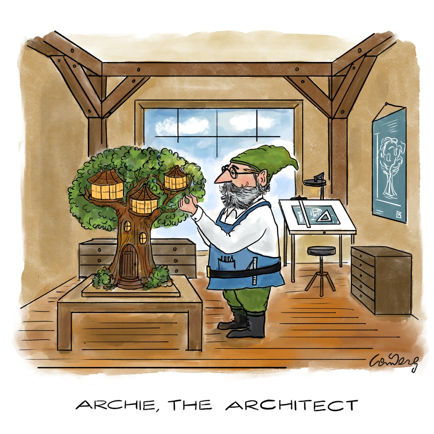 Meet Archie, the Architect, another friend of “Art”. Archie builds gnome homes. Most homes are tucked away in tree roots or within stone walls. Here, Archie is tending to a scale model of a more elaborate gnome home. I hope you’ll find Archie’s home during the scavenger hunt at the “Art around High Bridge” event (4/11-26th)!
@artaroundhighbridge @hbgroundsforart
#gnomes
