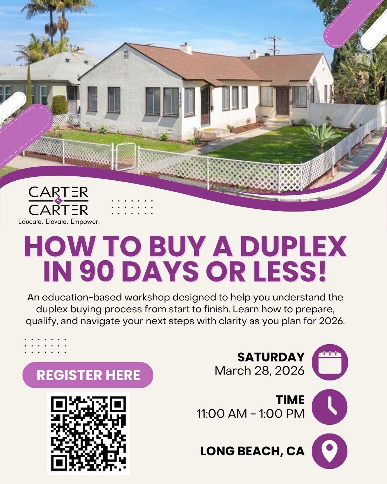 Last call. Today is the final day to register.
If owning a duplex is one of your goals, this is your opportunity to get in the room and learn how to make it happen.
Tomorrow, we’re breaking down how to become a homeowner and a landlord using one of the most powerful strategies in real estate:
Live in one unit. Rent the other.
This is not a large seminar. This is an intimate, hands-on workshop where you’ll be able to ask questions, get clarity and walk away with a real understanding of your next steps.
How to Buy a Duplex in 90 Days or Less Workshop
Saturday, March 28, 2026
11:00am - 1:00pm
Long Beach, CA
No registration at the door. No walk-ups.
Secure your spot today using the link in @carterandcarterinc bio or scan the QR code on the flyer.
Educate. Elevate. Empower.
Carter & Carter Inc.
#CarterAndCarter
#EducateElevateEmpower
#DuplexWorkshop
#FutureLandlord
#HouseHacking