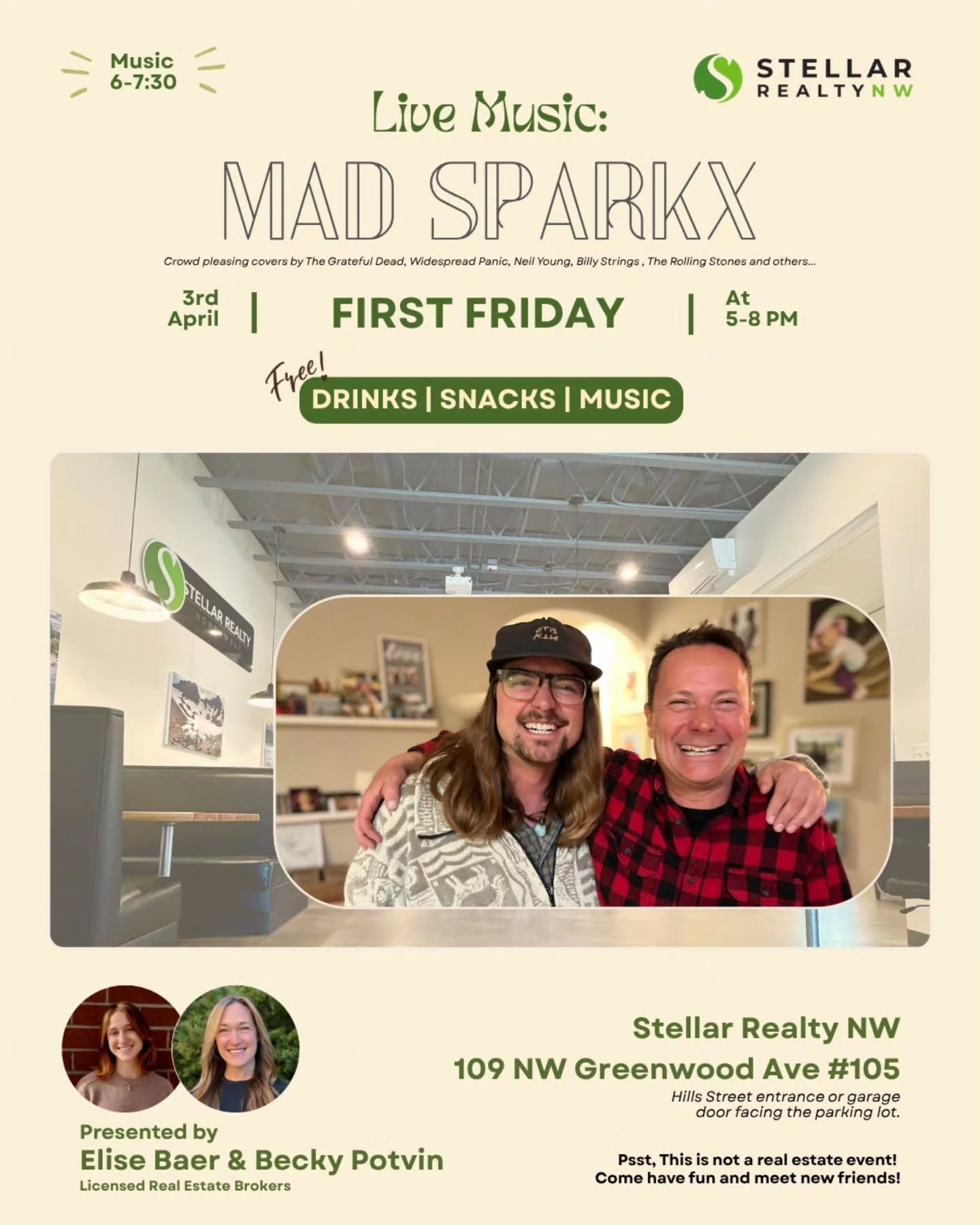 First Friday is happening at Stellar Realty NW this week and you do not want to miss it. ✨️
Live music by Mad Sparkx, food, drinks, and good people from 6 to 7:30pm. Entrance is off Hill St or through the garage door facing the parking lot. 🎶
📍109 NW Greenwood Ave, Ste 105, Bend, OR 97703
This one is extra special because it's being hosted by Becky and Elise. Becky is one of the newer agents I've been mentoring and she is already crushing it. First listing in Eagle Crest and now this. Grateful she trusts me to be in her corner and apart of her journey. 💚
See you Friday!
.
.
.
livelifeinbend realtorkailey #stellarrealtynw #firstfriday #bendoregon