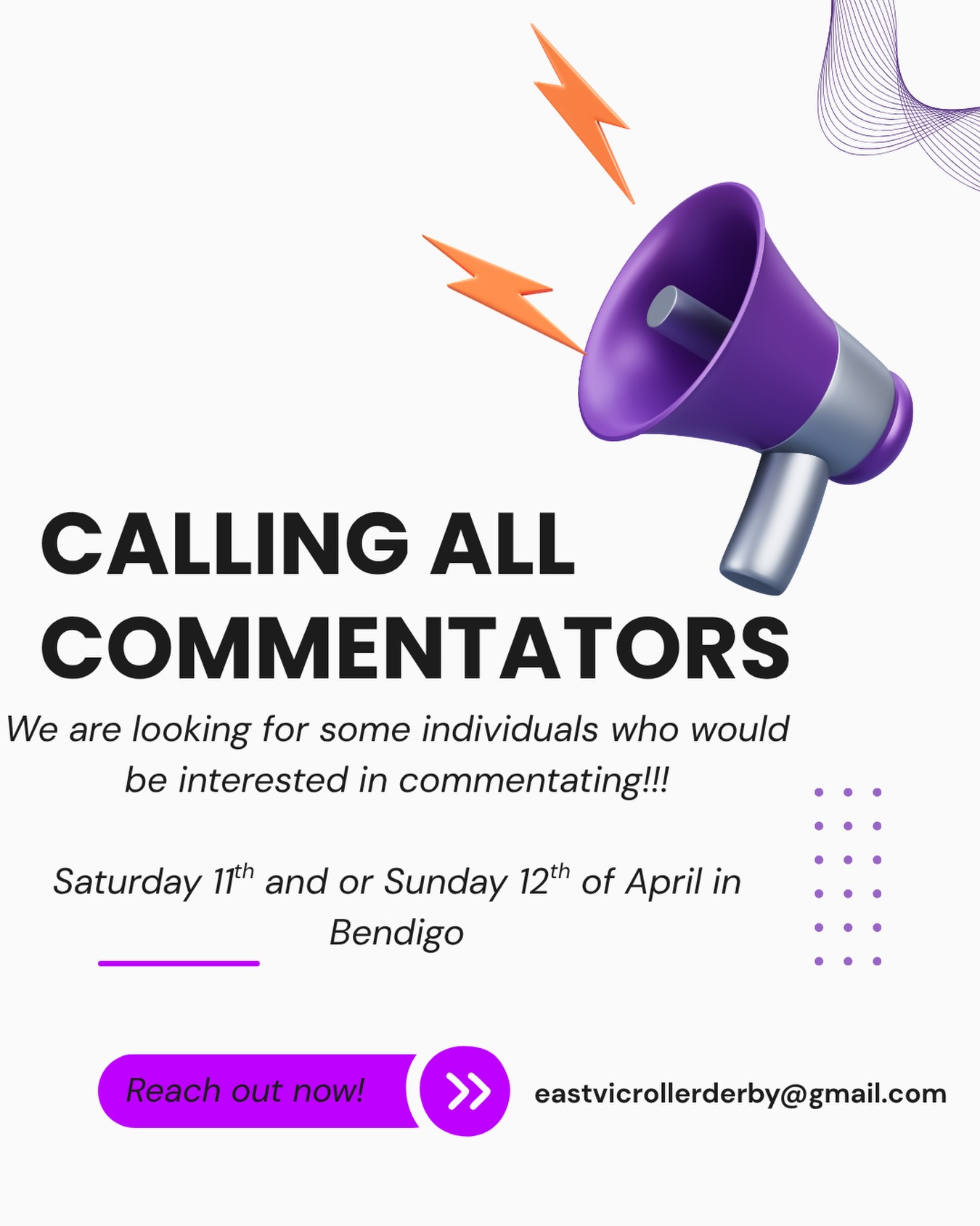 📣 Calling all commentators!!
If you love explaining the rules of roller derby to your family and friends, or feel you have a voice for radio, we have the job for you!
Reach out to eastvicrollerderby@gmail.com to get involved this weekend at @statewidestampede!