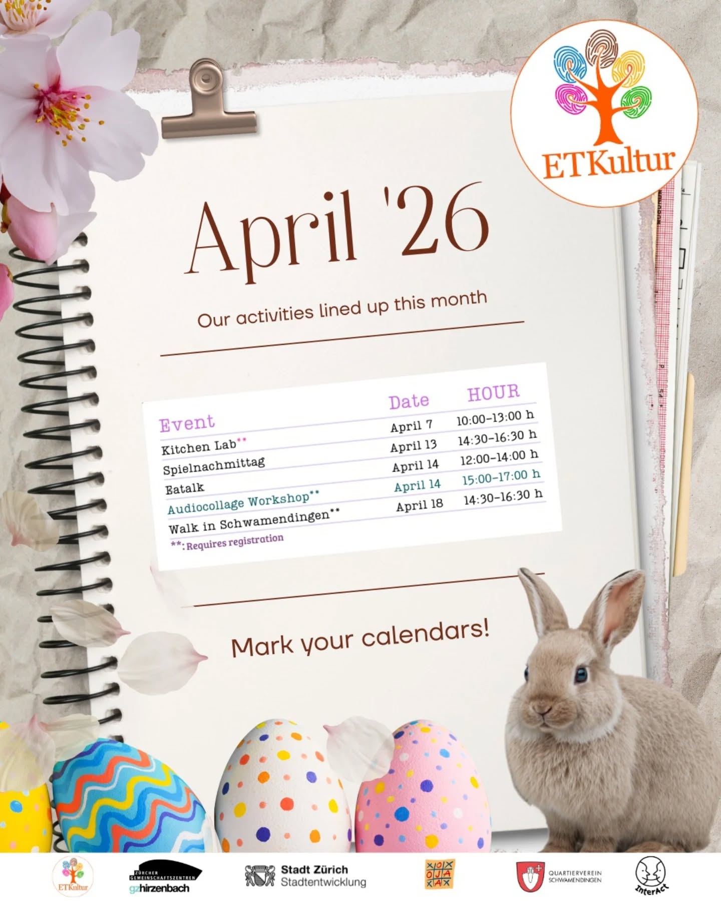 April ist da!
Ein etwas kürzerer Monat mit Feiertagen und Ferien, aber mit schönen Gelegenheiten, sich zu treffen, zu lernen und gemeinsam Zeit zu verbringen.
Schau dir unseren Monatskalender und die Aktivitäten an
Wir wünschen euch frohe Ostern und erholsame Ferien! 🐇
---
April is here!
A shorter month with holidays and breaks, but still a few lovely moments to connect, learn and enjoy together.
Check out our monthly calendar and activities
We wish you a happy Easter and relaxing holidays! 🐇
---
¡Ya está aquí abril!
Un mes más corto por los días festivos y vacaciones, pero con bonitos momentos para encontrarnos, aprender y compartir.
Descubre nuestro calendario y actividades del mes.
Les deseamos felices pascuas y unas lindas vacaciones 🐇
#ETKultur #interAct #monthlycalendar #savethedate #joinus