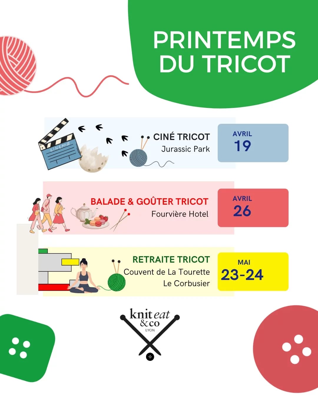 Nous déclarons ouvert....
Le Printemps du Tricot : à nous les balades, les goûters au soleil, les retraites au grand air, en pleine nature, les Cinés Tricot du dimanche matin, un café et un cookie à la main...
Et tout ça sans se départir de nos encours tricot, couture, broderie, crochet, couture et que sais je encore.
Ils seront de toutes nos activités et de tous nos moments partagés.
Prêts à passer un printemps placé sous le signe de la maille avec nous?
Toutes nos activités sont ouvertes à tous les niveaux.
Renseignements ici, en story à la une, via notre Newsletter ou sur notre site dans la Rubrique Événements Tricot.
Affiche colorée et printanière par Emma aka @encre_violette
#happy2026 #knitting #tricot #printempsdutricot
