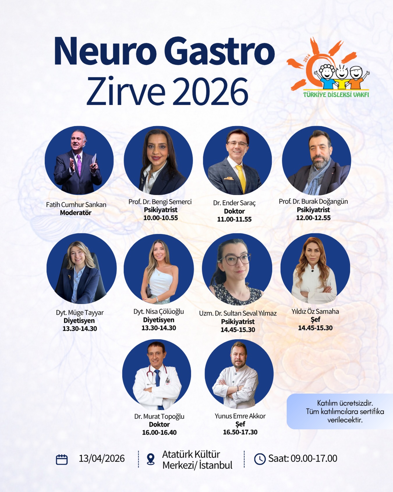 Neuro Gastro Zirvesi ile çok yakında bir aradayız!
Türkiye Disleksi Vakfı olarak; nörogelişim, bağırsak-beyin ilişkisi, beslenme ve iyi yaşam alanlarında birbirinden değerli uzmanları bir araya getirdiğimiz bu özel zirvede sizleri de aramızda görmekten mutluluk duyacağız.
Alanında öncü kıymetli konuşmacılarımızla birlikte; çocuk sağlığı, psikiyatri, beslenme ve gastronomi perspektifinden çok yönlü bir bakış sunacağız.
📅 13 Nisan 2026
📍 Atatürk Kültür Merkezi / İstanbul
⏰ 09:00 – 17:00
Katılım ücretsizdir. Tüm katılımcılara sertifika verilecektir.
Kayıt olmak için linke, hikaye ve biyografi kısmından ulaşabilirsiniz.
#tudiv #disleksi #dyslexia #farkindalik #turkiyediskeksivakfi