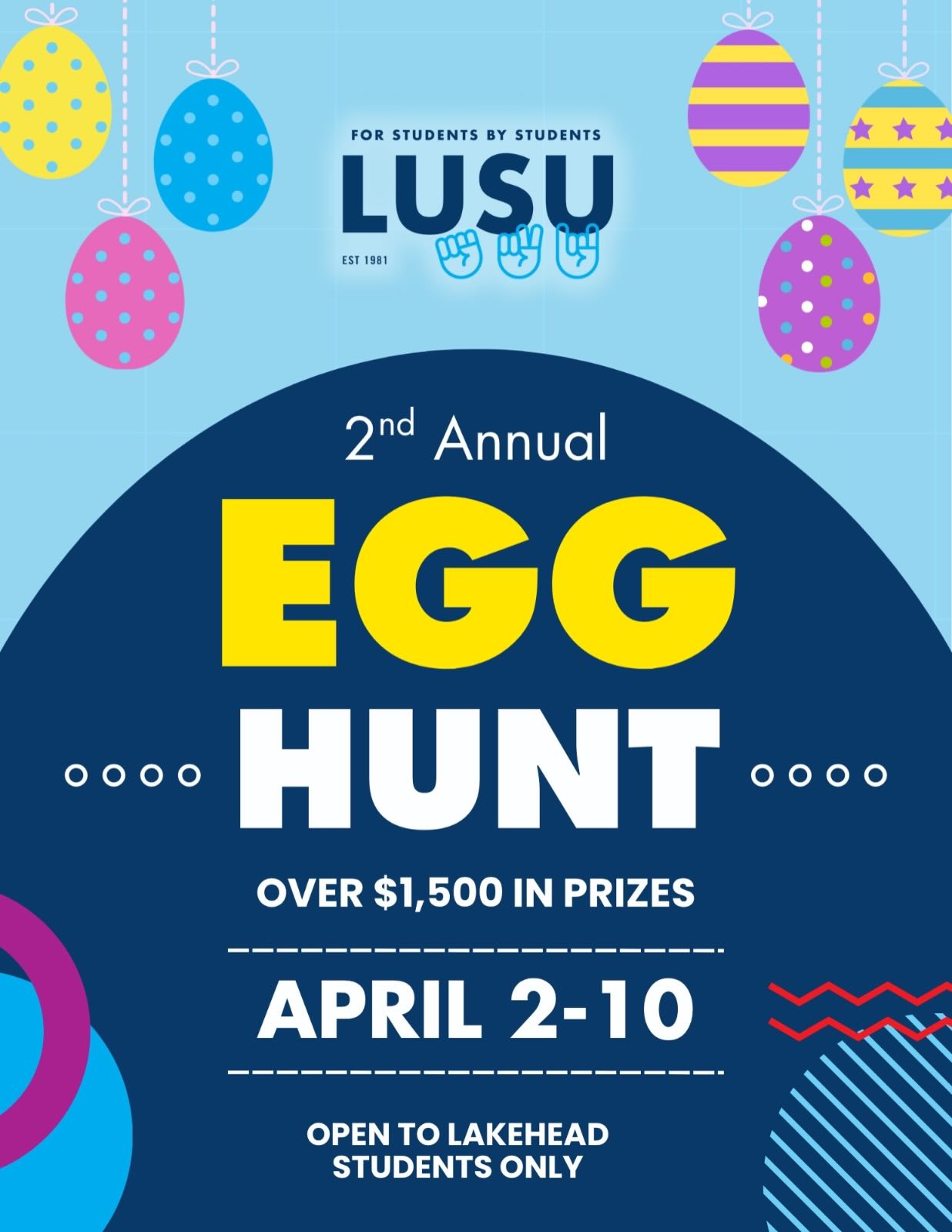 @lusu_tbay has tasked us with hiding eggs on campus for the Easter egg hunt today! Make sure you look around to find as many eggs as you can to win some prizes!