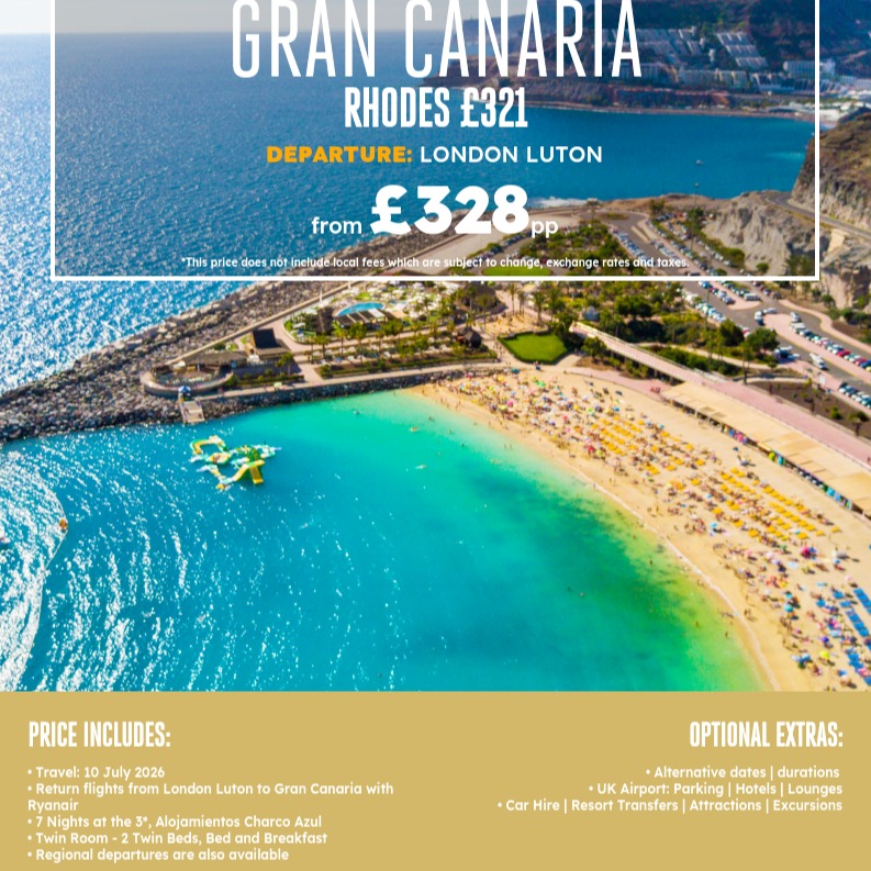 **GRAN CANARIA FROM ONLY £328PP**
PRICE INCLUDES:
• Travel: 10 July 2026
• Return flights from London Luton to Gran Canaria with Ryanair
• 7 Nights at the 3*, Alojamientos Charco Azul
• Twin Room - 2 Twin Beds, Bed and Breakfast
• Regional departures are also available
OPTIONAL EXTRAS:
• Alternative dates | durations
• UK Airport: Parking Hotels Lounges
• Car Hire | Resort Transfers | Attractions | Excursions
Call: 0330 808 4419
Email: flintontravel@hotmail.com
Quote Reference: P-CEC72 #cheapholidaypackages #familyholidays❤️ #lastminuteholiday #grancanariaholidays
